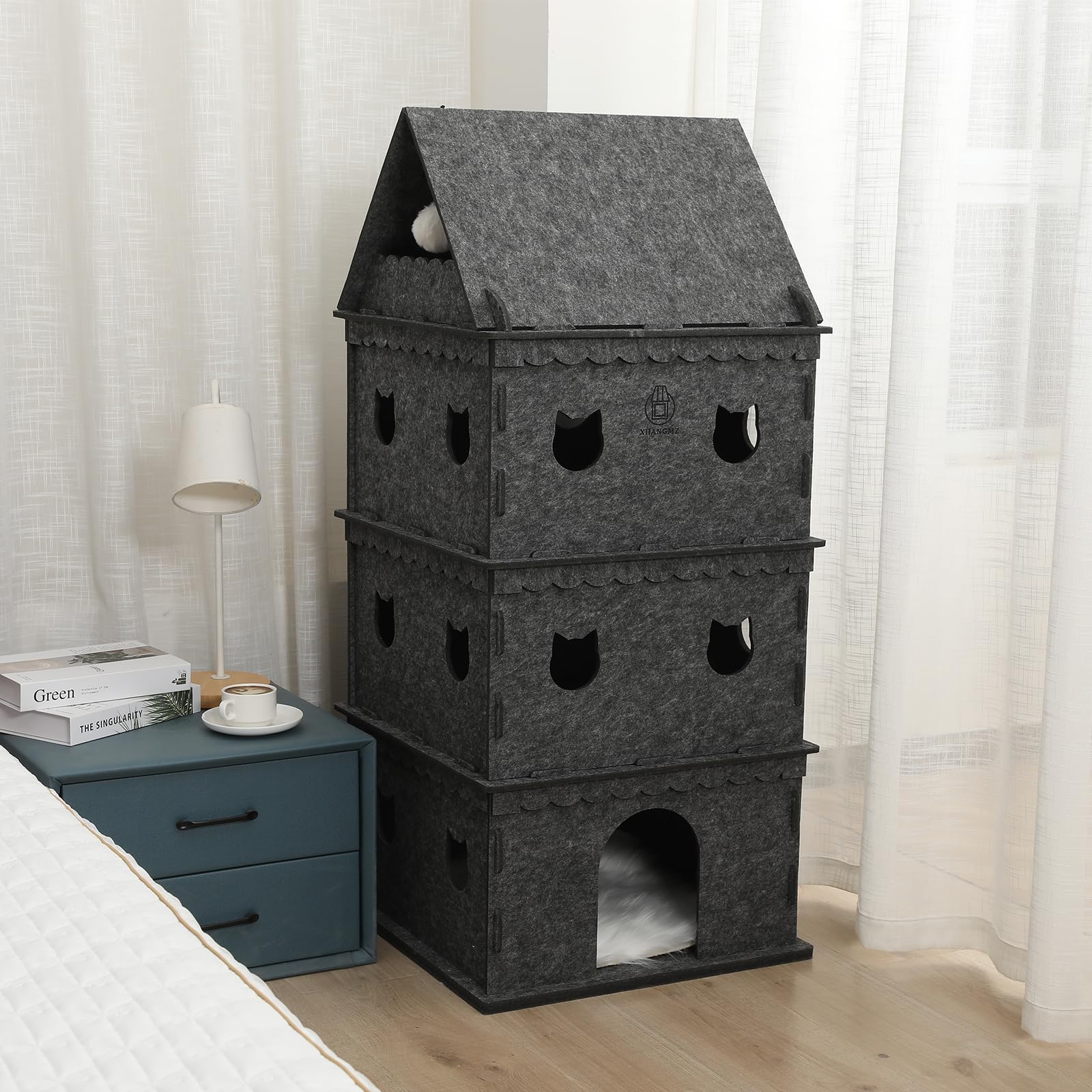 4-Storey Cat House For Indoor Cat Condos,Pet Cat Bed Hideaway Strong Castle For Multiple & Large Cats (4-Storey, 21.8''  21.8''