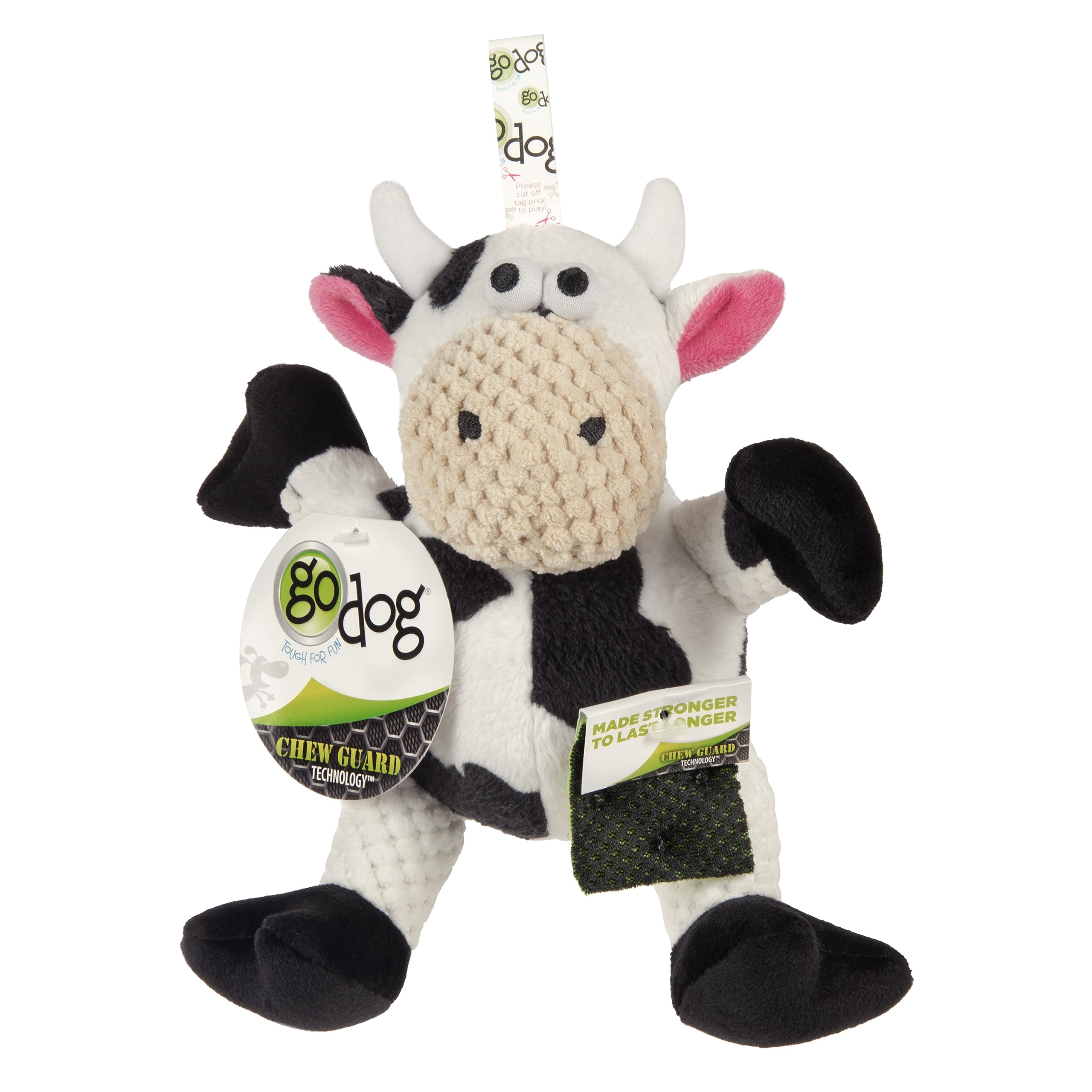 Godog Checkers Sitting Cow Squeaky Plush Dog Toy, Chew Guard Technology - White, Small