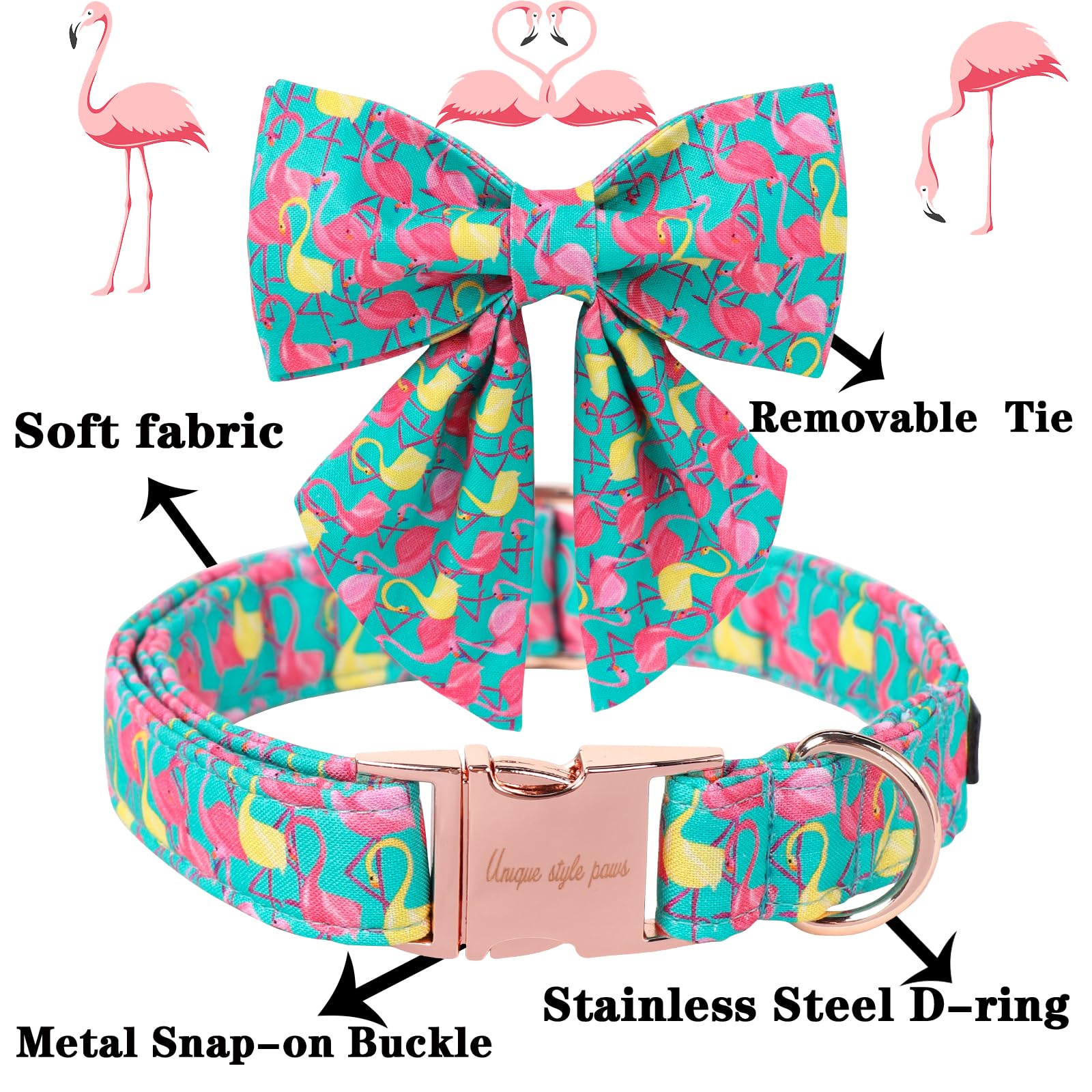 Unique Style Paws Dog Collar With Bowtie, Cute Flamingo Dog Collars Adjustable Puppy Collar For Small,Medium,Large Dogs
