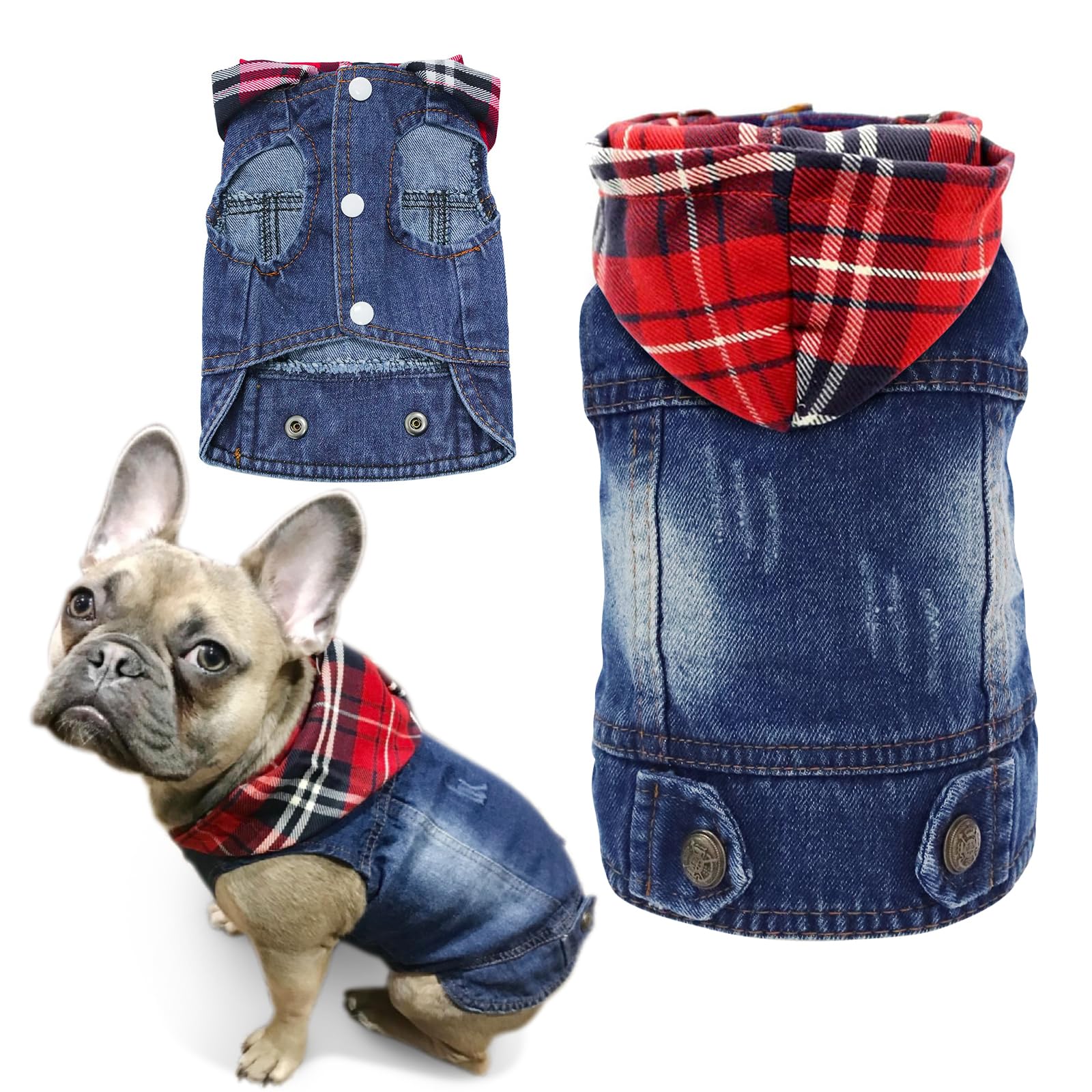 Sild Pet Clothes Dog Jeans Jacket Cool Blue Denim Coat Small Medium Dogs Lapel Vests Classic Hoodies Puppy Blue Vintage Washed Clothes (Plaid Hat,Xxl)
