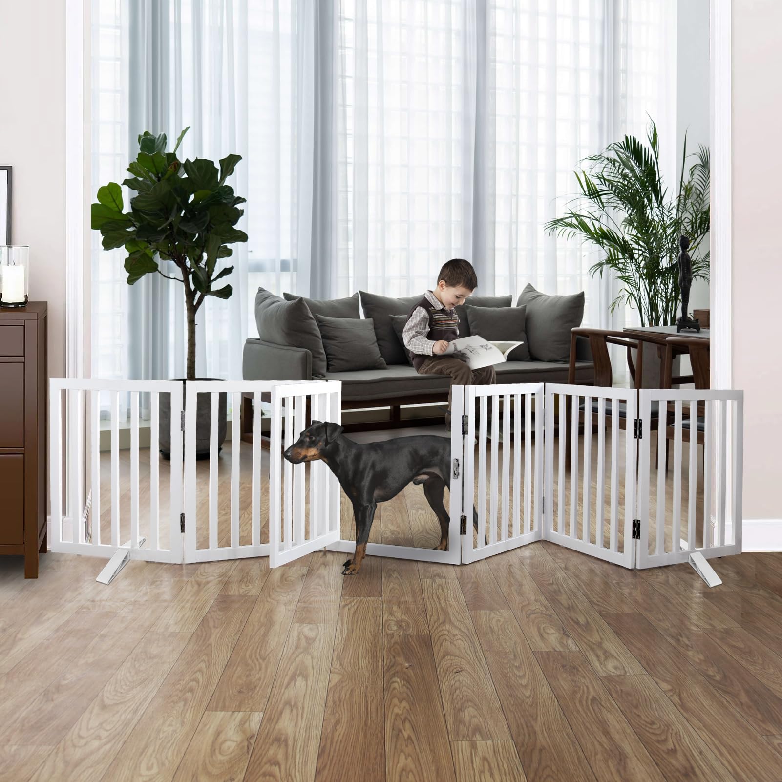Sfjc Freestanding Foldable Dog Gate Indoor With Door, Wooden White Dog Fence For Doorway, Stairs, House, Or Room, Pet Gate With 