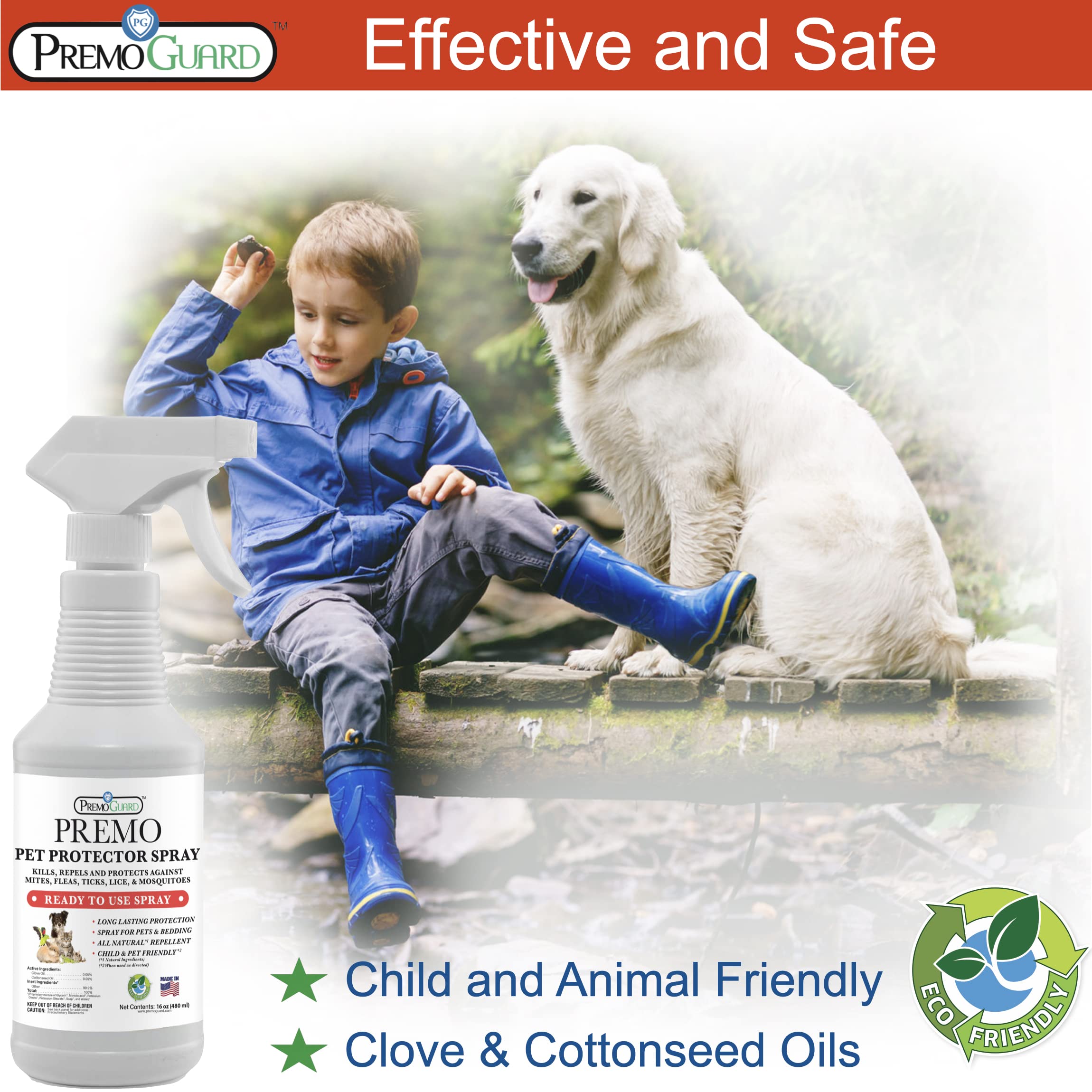 Premo Guard Pet Protector Spray - 16 oz - Kills Mites, Fleas, Ticks, & Mosquitoes - for Dogs, Cats, & Home - Natural Plant Based
