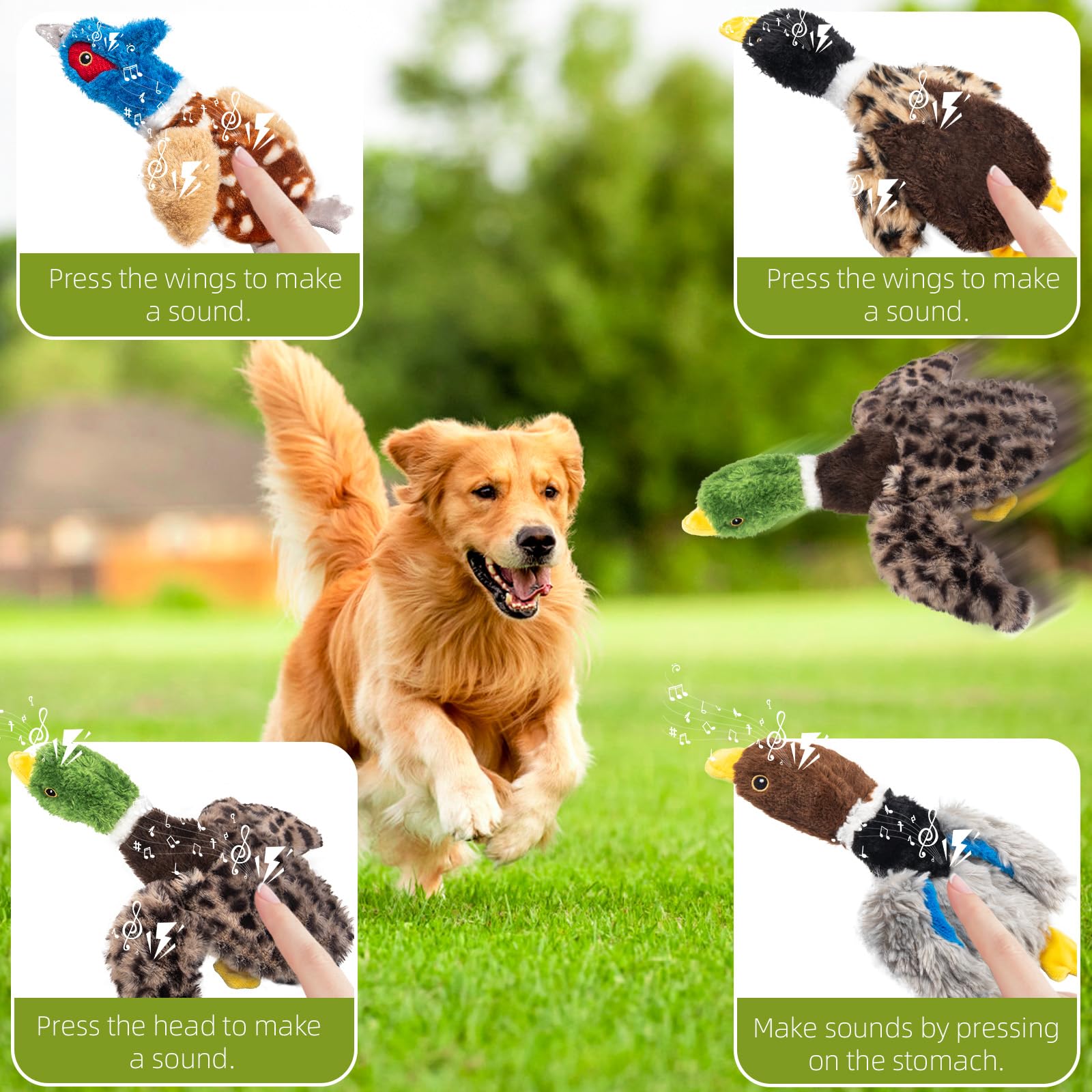 Calibonbon Dog Squeaky Toy Set - 4-Pack Durable Plush Duck, Pheasant, Goose For Small And Medium Dogs - Soft Bird Chew Toys With
