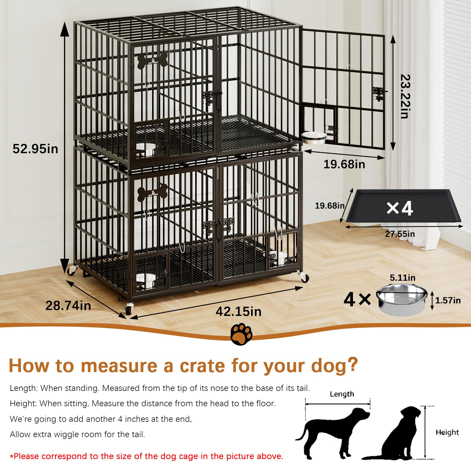 Aboxoo 42 Inch Stackable Heavy Duty Metal Dog Crate For 4 Dogs/Large Dog,All Metal Open Top Access,Escape Proof Cage,Dog Kennel