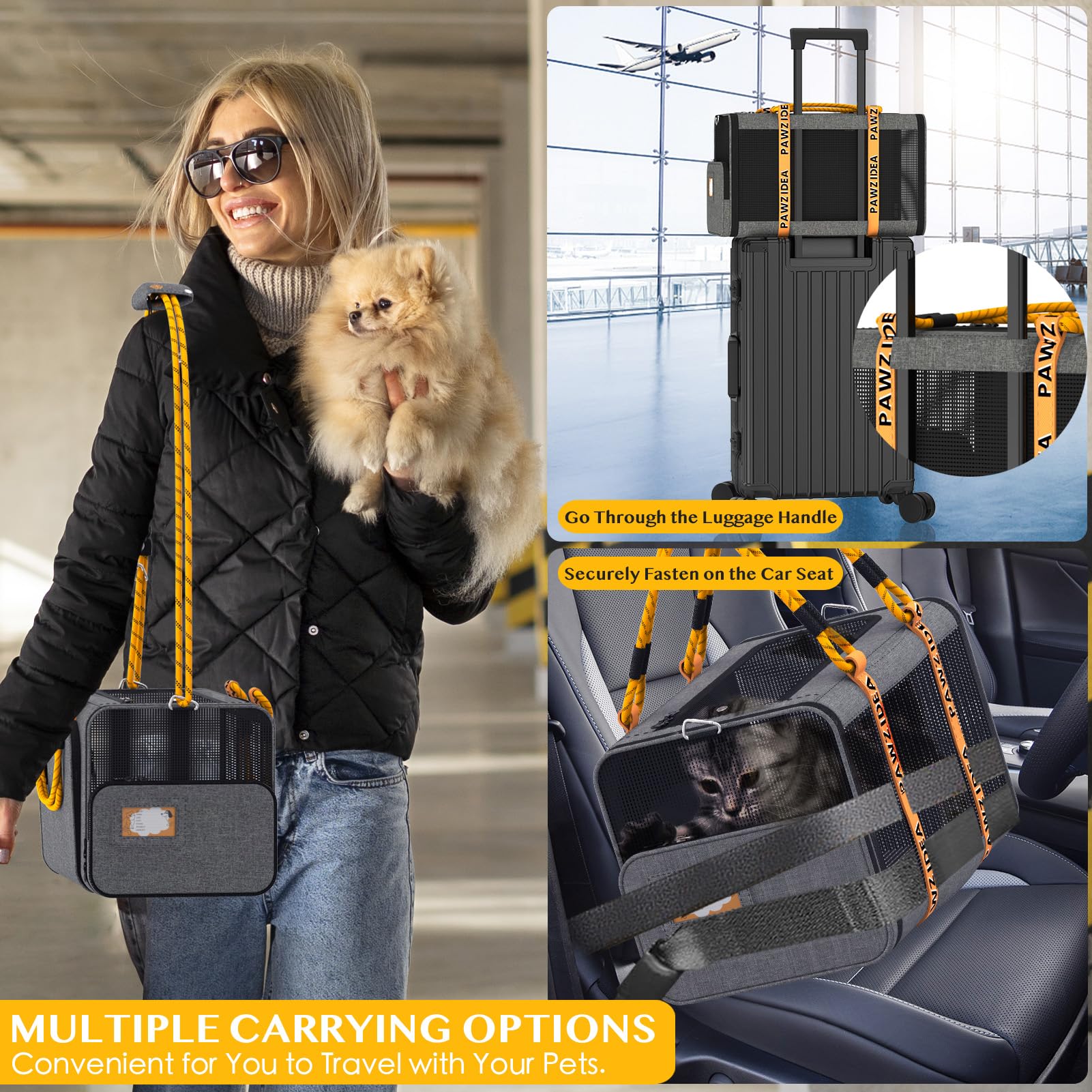 Pawzidea Double Pet Stroller With 2 Detachable Carriers, Airline Approved Cat Carrier Expandable, No-Zip Canopy Pet Travel Car S
