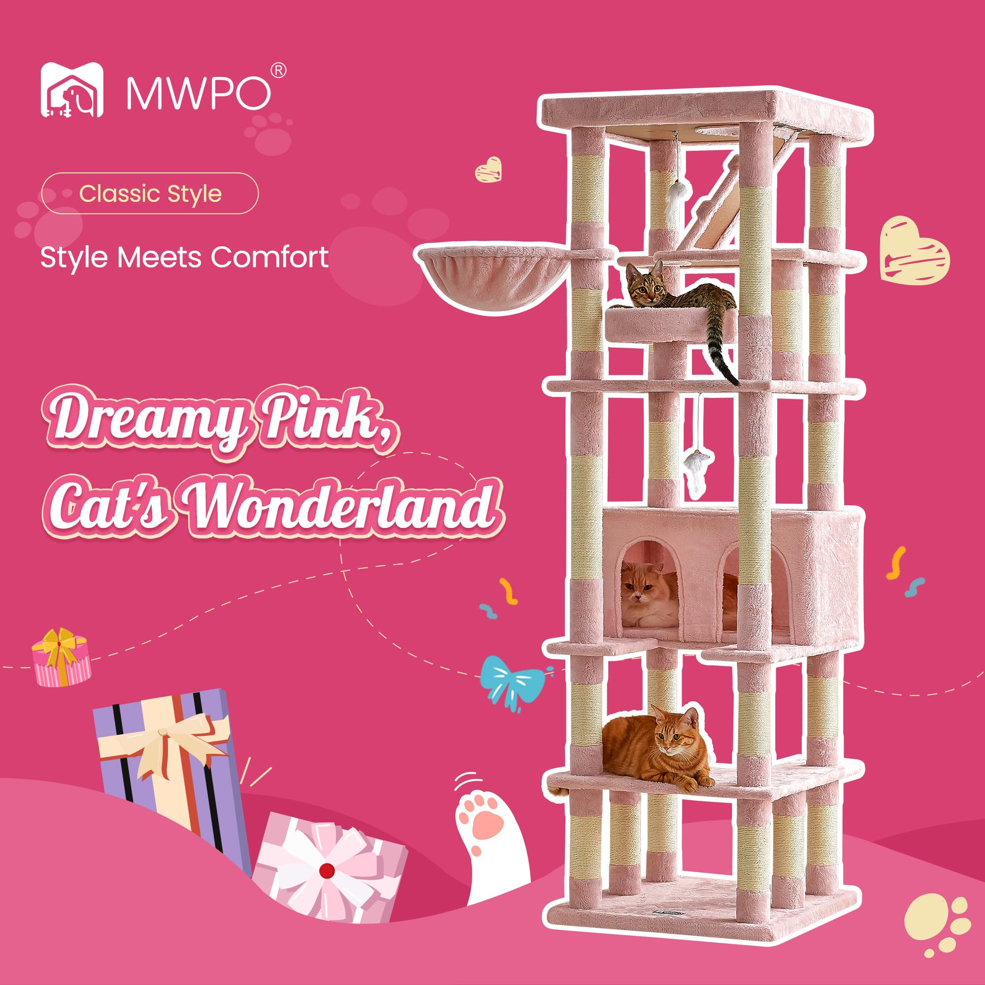 Mwpo 74.8 Inches Pink Extra Large Cat Tree, Tall Cat Tower For Indoor Cats With Large Cat Condo, Wide Top Perch, Hammock, Sisal-
