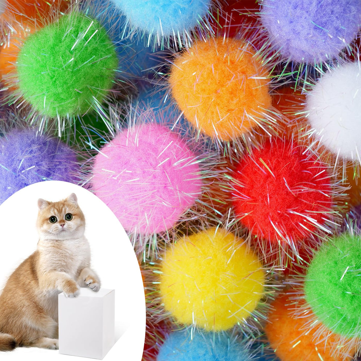 Df Dualferv 60 Pcs Cat Pom Pom Balls, Interactive Pom Pom Cat Toys, Sparkle Balls For Cats, Extra Large Fuzzy Cat Balls For Exer