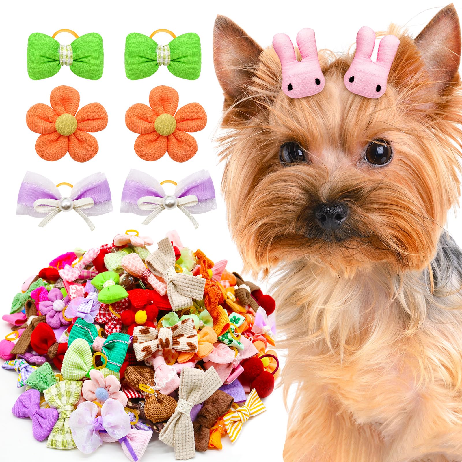 Mruq Small Dog Hair Bows With Rubber Bands, Mix Handmade Cute Puppy Gooming Flower Ball Bows For Holiday Daily Accessories (A339