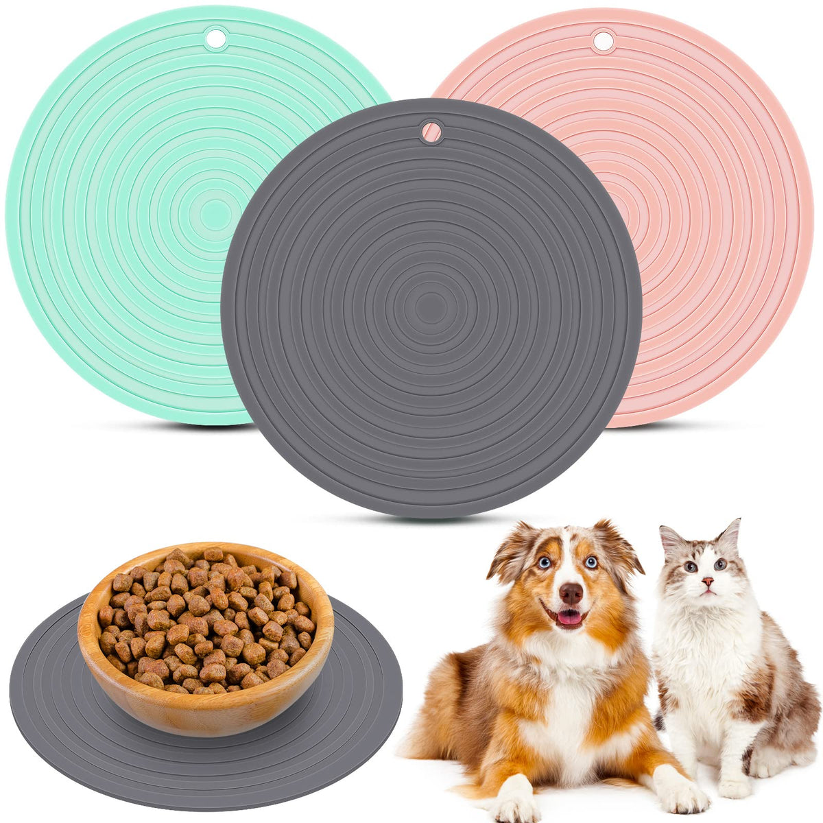 3 Pieces Silicone Pet Food Mat Pet Feeding Mat For Dog And Cat Food Bowl Place-Mat Preventing Food And Water Overflow Suitable For Medium And Small Pet (Pink, Green, Gray, 9.5 Inch)