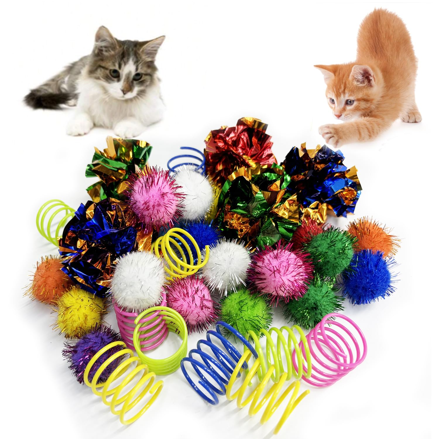 Hersmile Cat Toys For Indoor,35 Pack Interactive Cat Toy Pack Including Crinkle Balls,Sparkle Balls,Spiral Springs For Most Cats