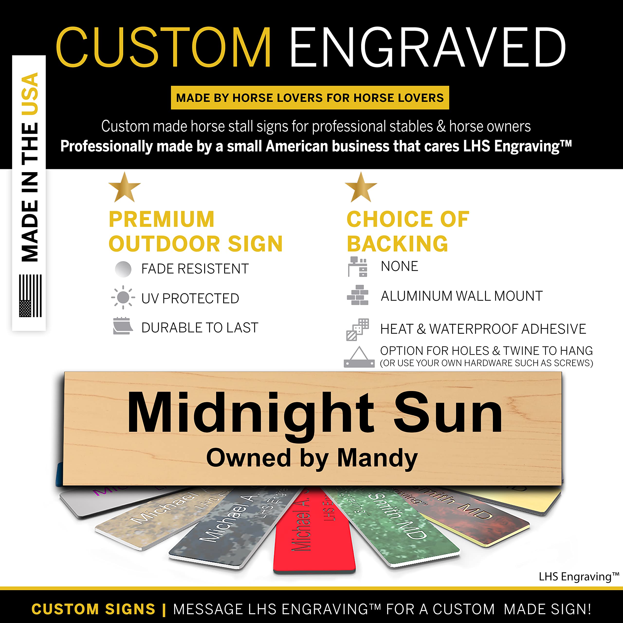 Lhs | Personalized Horse Stall Name Plates, 2X6 Horse Stall Signs With Adhesive, All Weather Uv Protected, Cashew Plastic Black