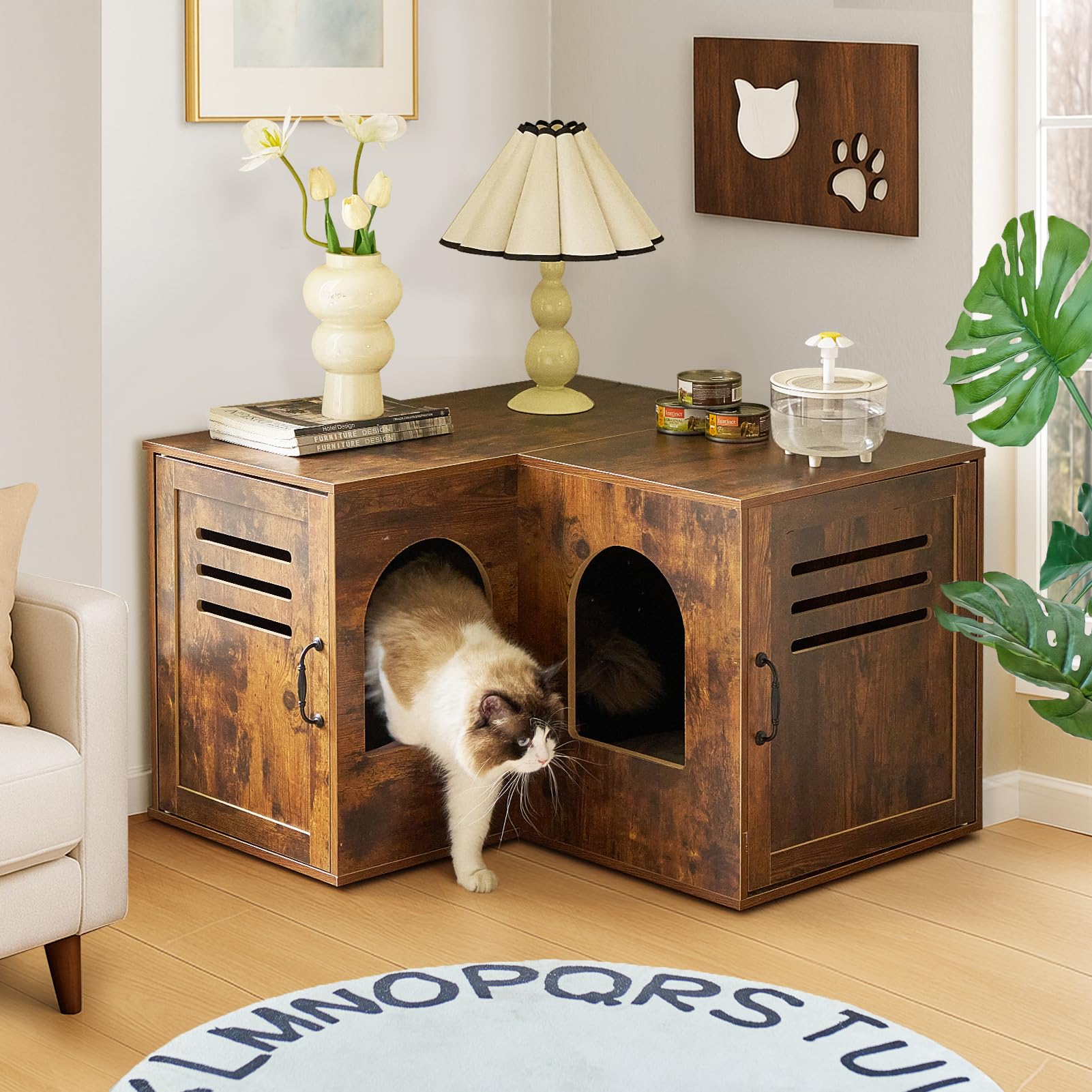 JanflyHome Corner Litter Box Enclosure, 31.5 Hidden Litter Box Furniture for 2 Cats, Indoor Cat House End Table with Double Room