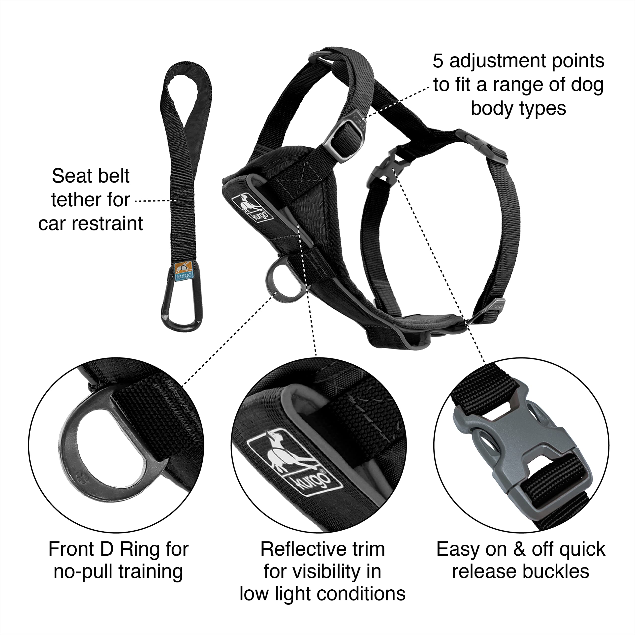 Kurgo Tru-Fit Smart Harness, Dog Harness, Pet Walking Harness, Quick Release Buckles, Front D-Ring For No Pull Training, Includes Dog Seat Belt Tether (Black, Large)