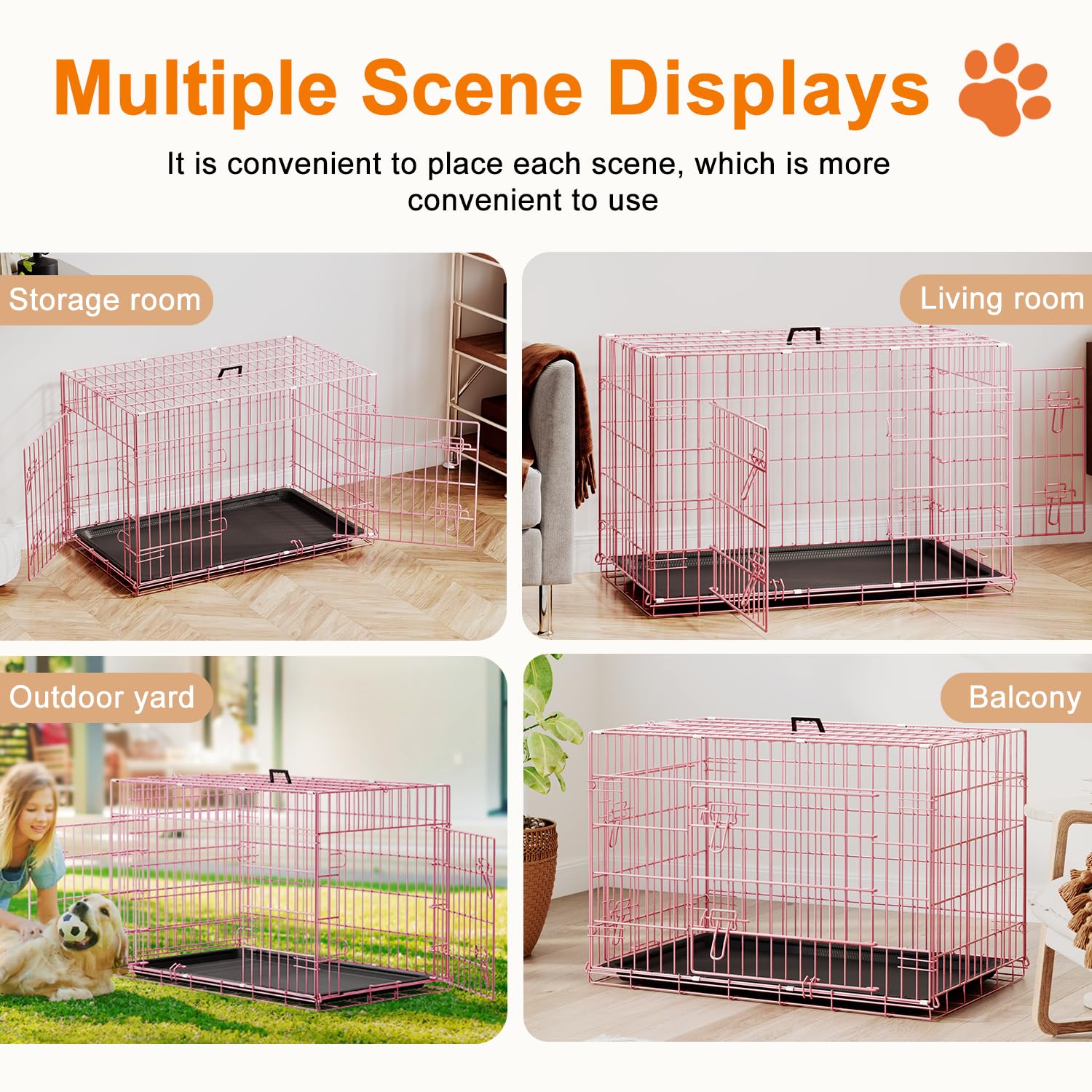 FDW Dog Crate 36inch Dog Cage Foldable Metal Kennel with Leakproof Tray Foldable Design Indoor Outdoor Use for Medium Dogs,Pink