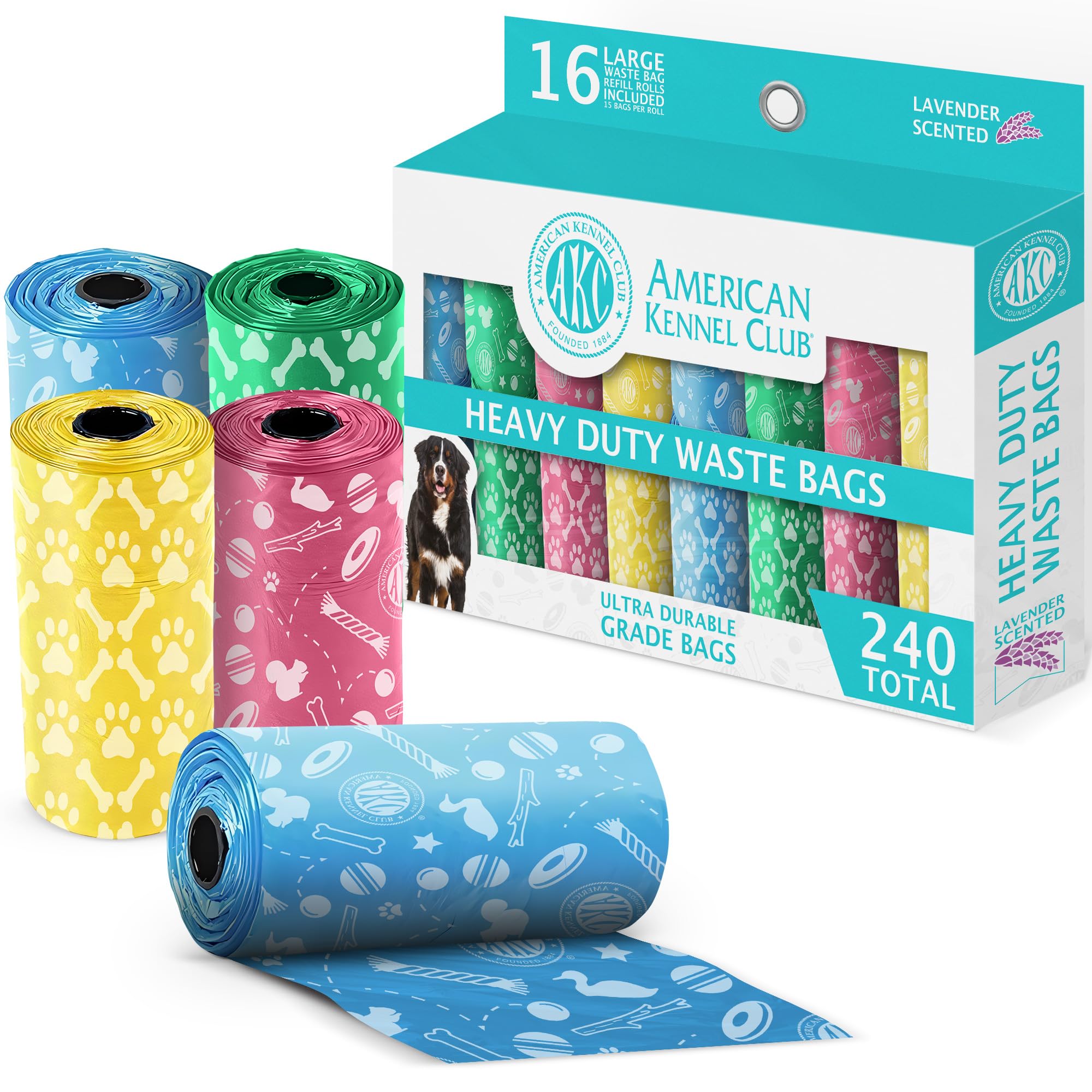 Akc Dog Poop Bags - Leak Proof Pet Waste Bags - 16 Refill Rolls - Lavender Scent - 240 Count (Toy Print)