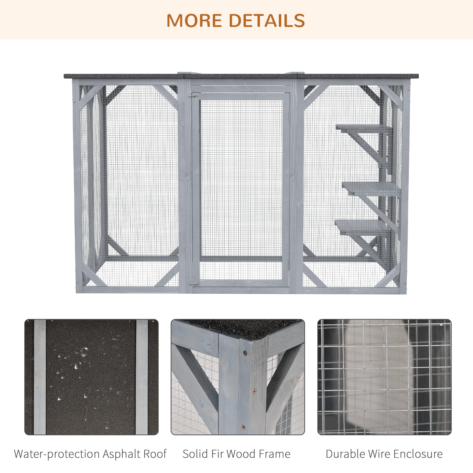 Pawhut Outdoor Cat House, Catio Wooden Feral Cat Shelter, Cat Cage With Platforms, Large Enter Door, Weather Protection Asphalt Roof, 71' L, Gray