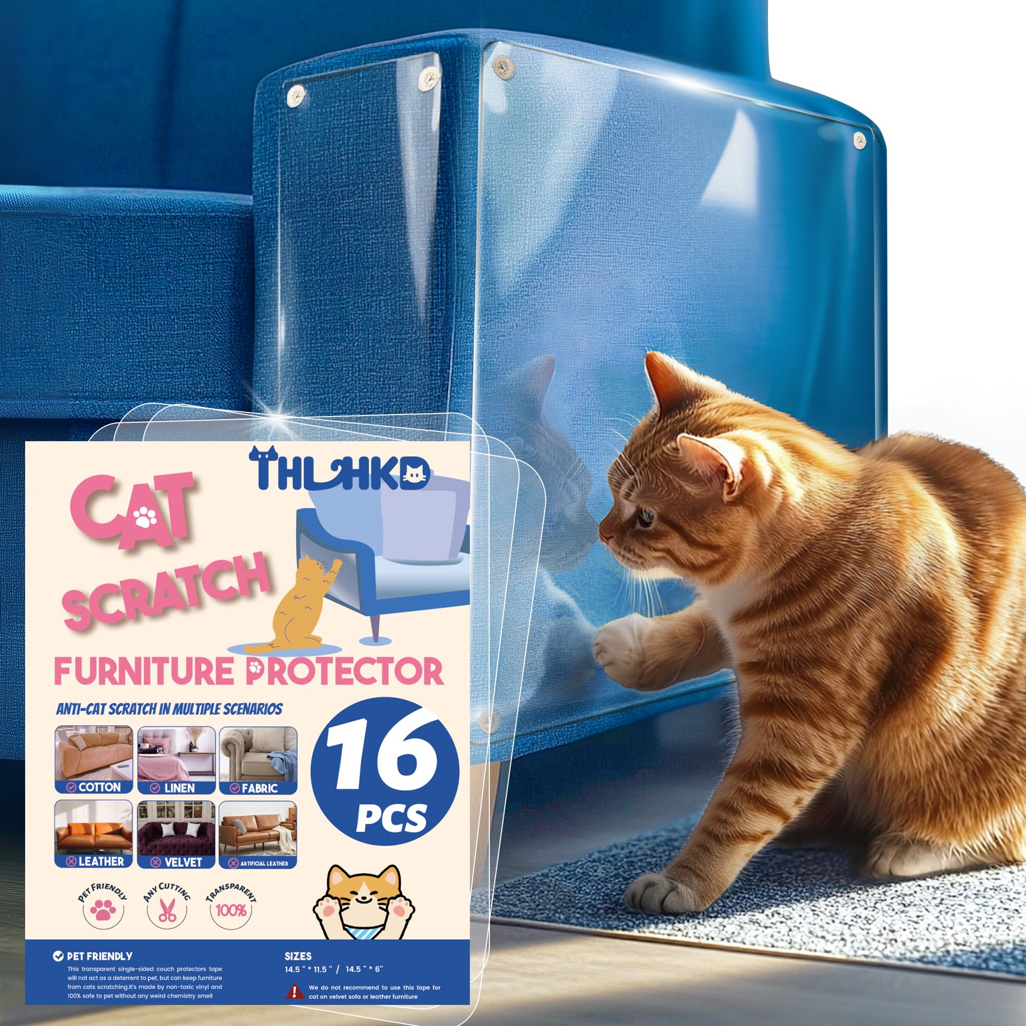 Thlhkd Cat Scratch Furniture Protector: 16 Pcs Couch Protectors Tape From Cats Claws Scratching Single Sided Clear Sticky Sheets