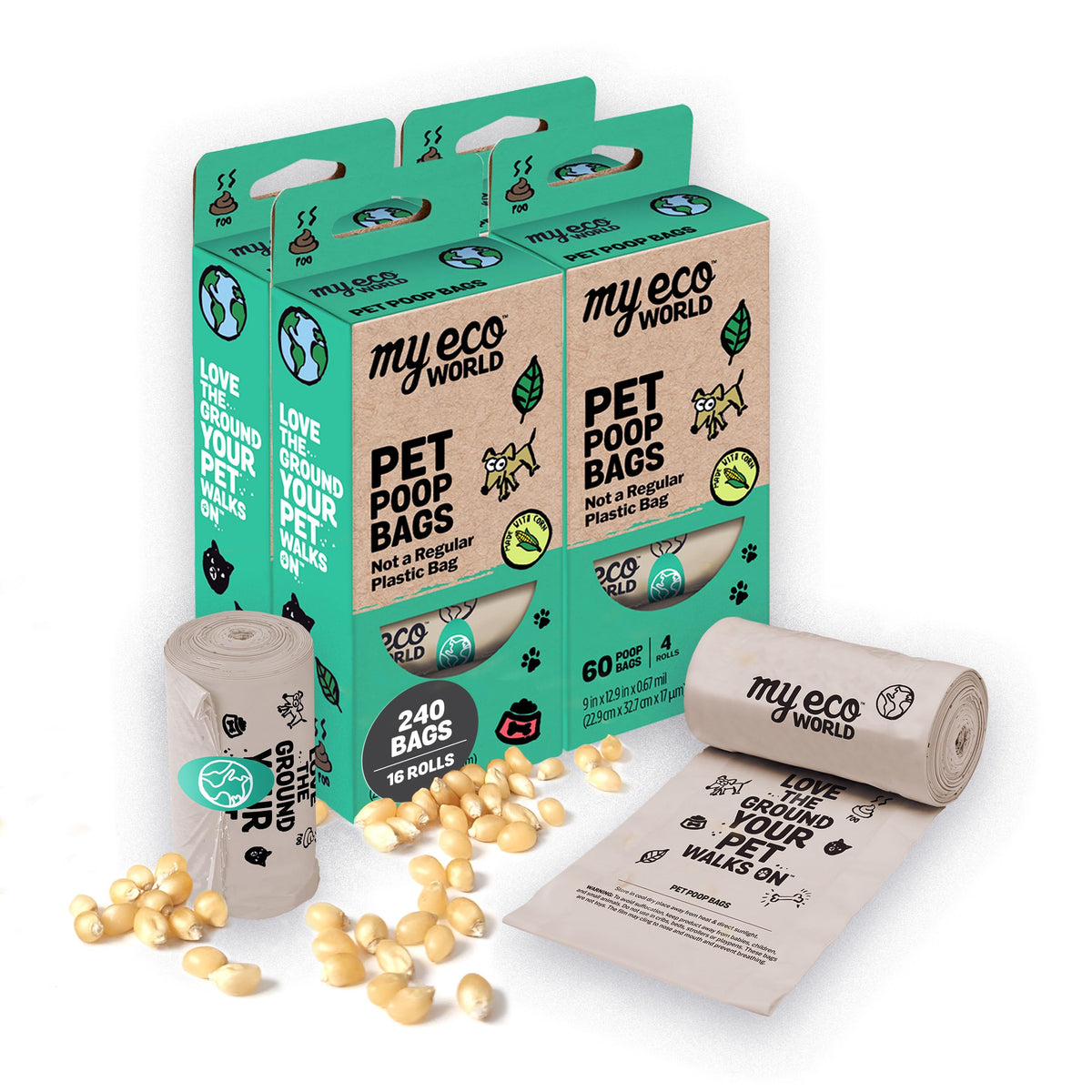 Myecoworld Compostable Pet Poop Bags - Made With Corn And Other Certified Compostable Materials - 240 Bags - 16 Roll - Extra Str