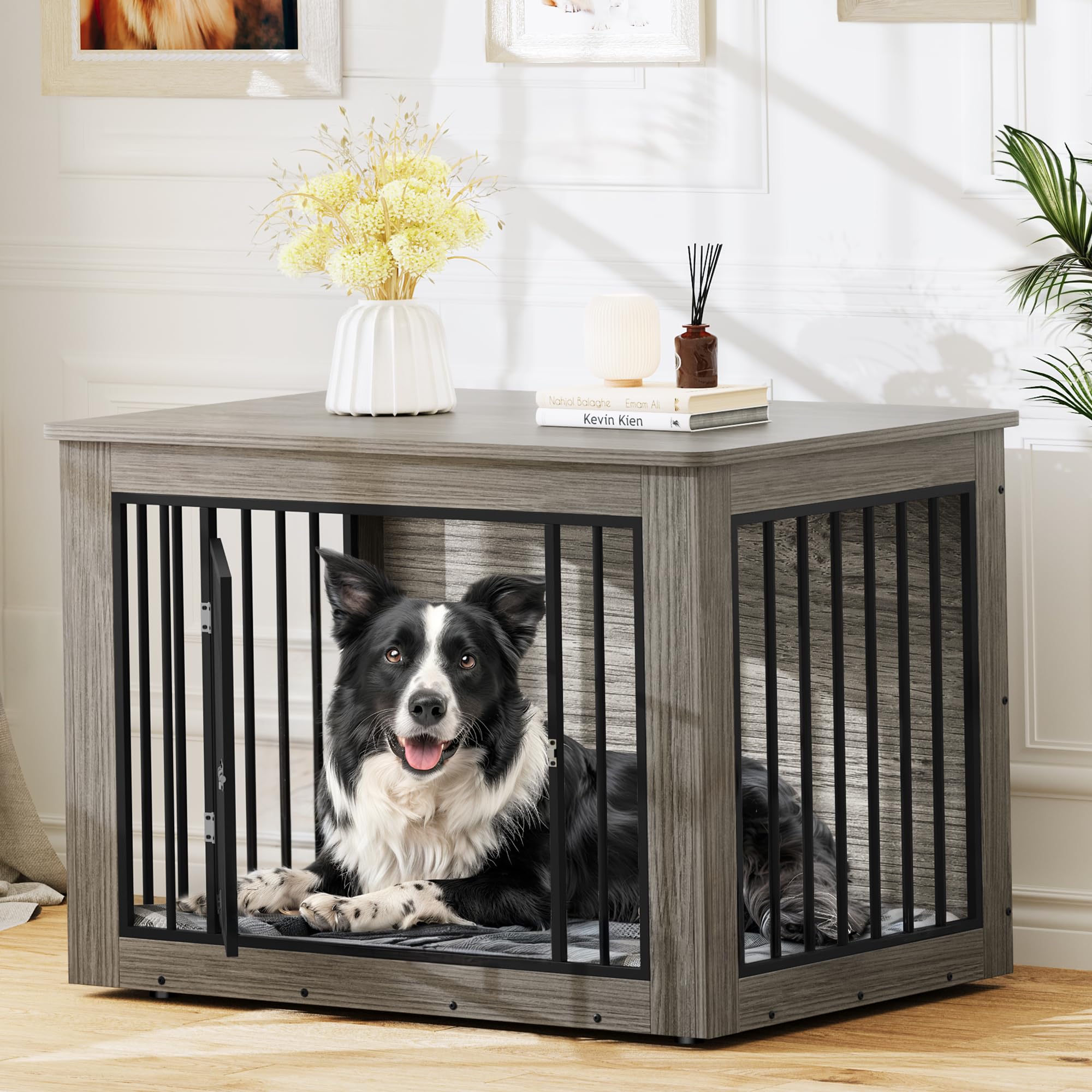 YITAHOME Dog Crate Furniture for Large Dogs, Side End Table, Modern Dogs Kennel Indoor up to 60 lb, 2-in-1 Iron-Wood Fusion Dog