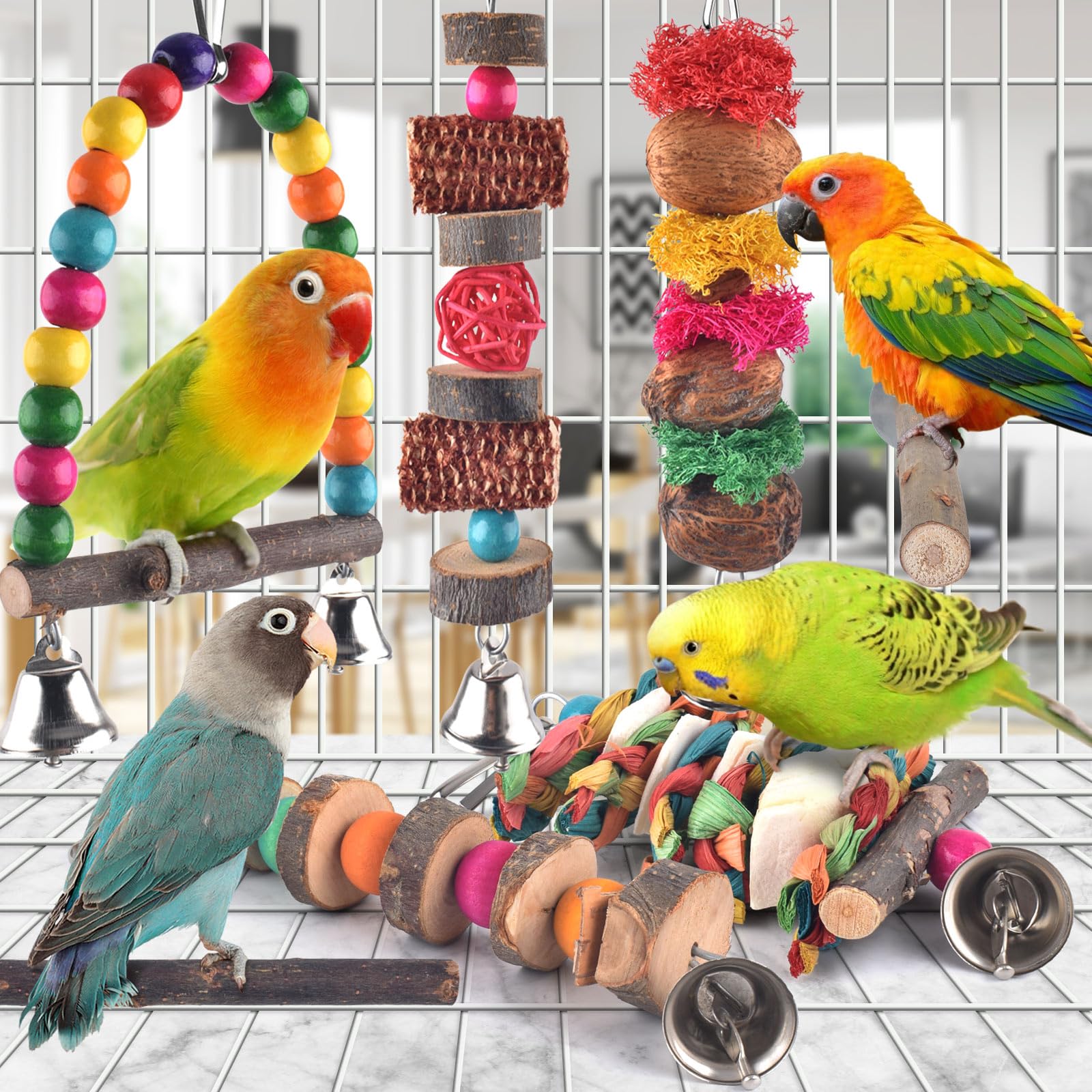 Bissap Bird Chew Toys, 7 Packs Parakeet Natural Wood Toys Parrot Hanging Cage Toy Bird Perch Stand For Small Bird Conure Cockati