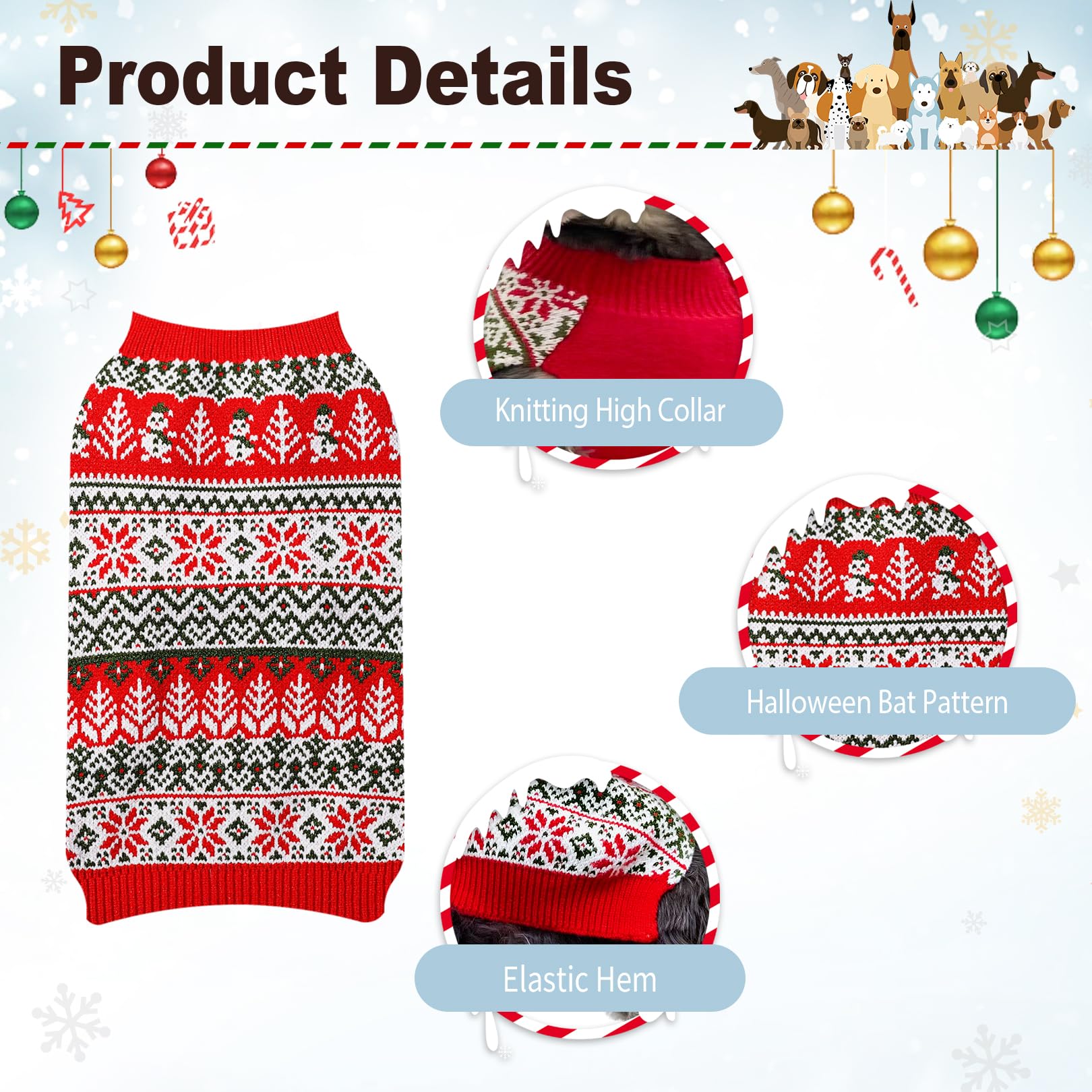Dog Christmas Sweater Pet Clothes: Turtleneck Knitted Dog Xmas Sweater With Snowman Snowflake Pattern, Holiday Theme Pet Clothes