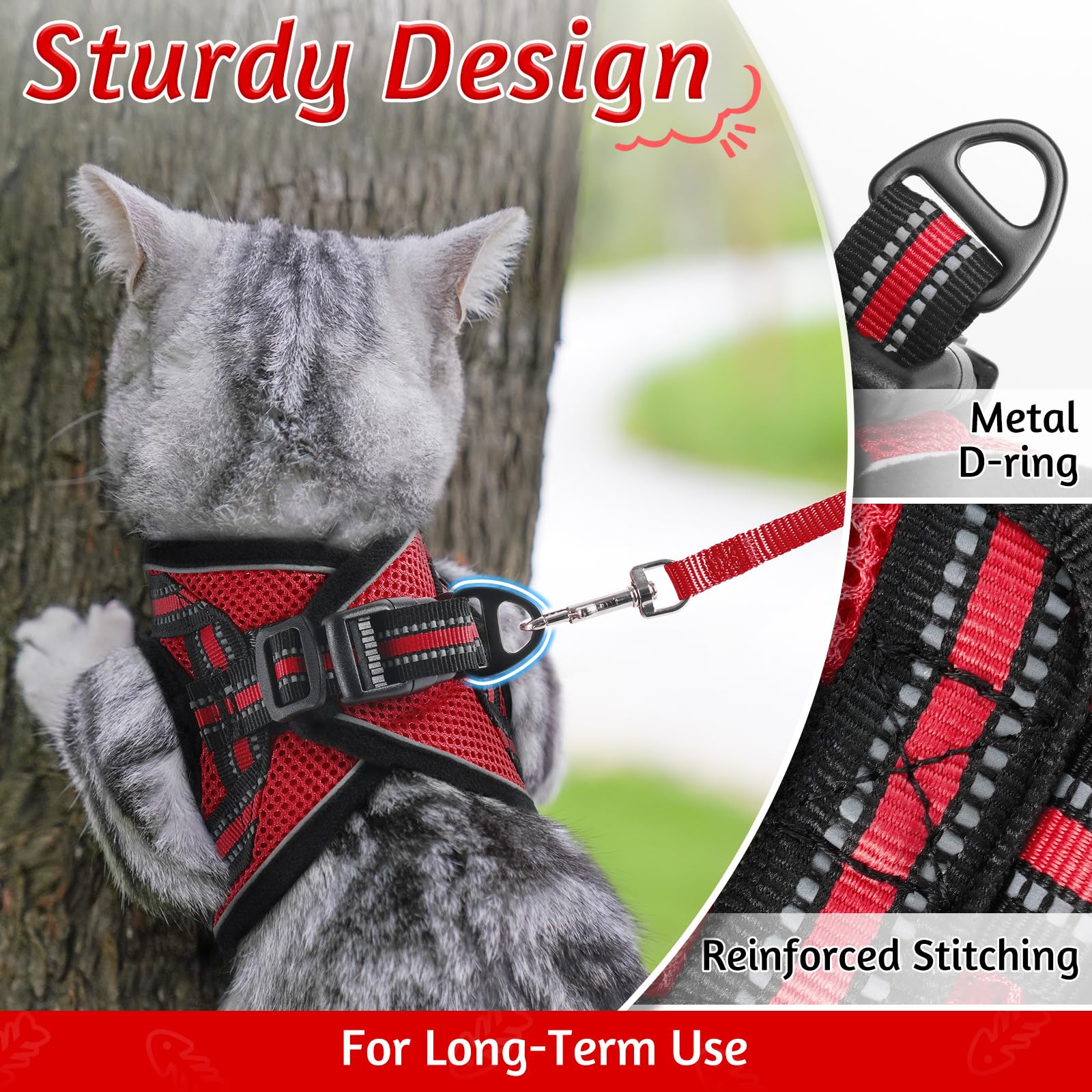 Rabbitgoo Cat Harness And Leash Set For Walking Escape Proof, Adjustable Soft Kittens Vest With Reflective Strip For Cats, Comfortable Outdoor Vest, Red, M