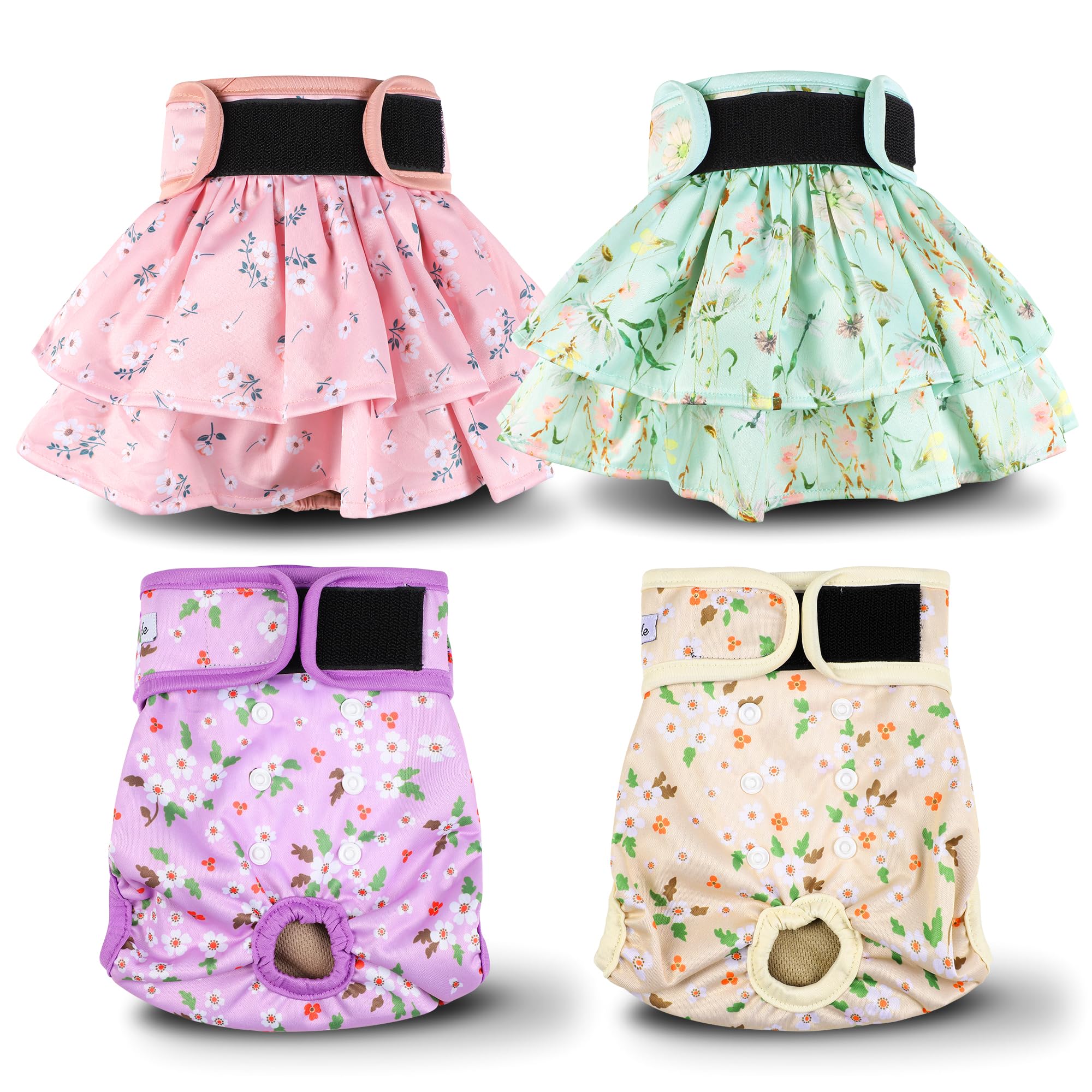 Washable Female Dog Diapers Skirt(4 Pack) - Reusable Doggie Diapers With Adjustable Snaps, High Absorbency Leak-Proof Puppy Diap