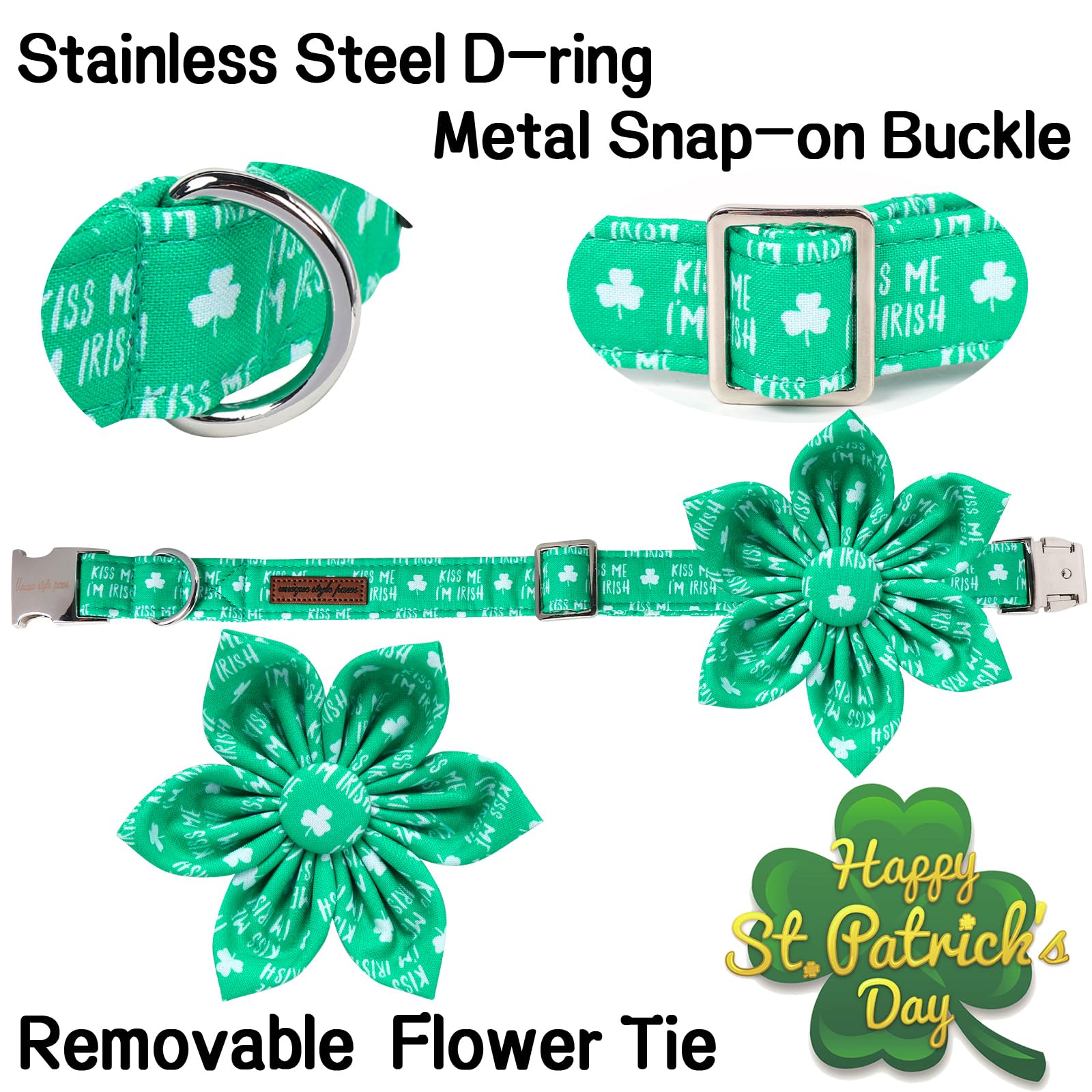 Unique Style Paws St. Patrick'S Dog Collar With Bow Green Clover Dog Collar Flower Bowtie Collar For Large Medium Small Dogs