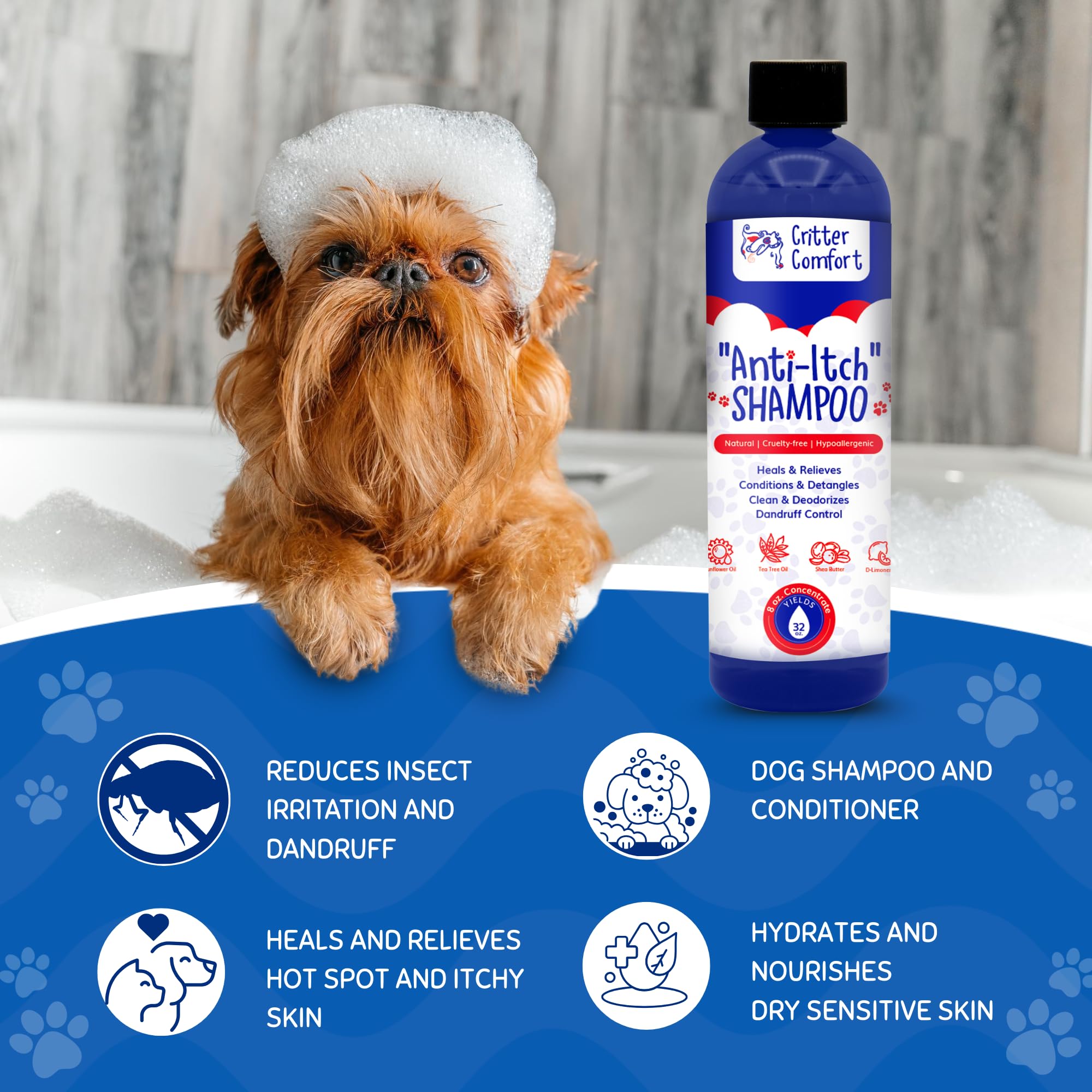 Deshedding Dog Shampoo, Slicker Brush & Grooming Glove for Dogs & Cats. Bundle Includes Critter Comfort Anti-Itch Shampoo, Self-