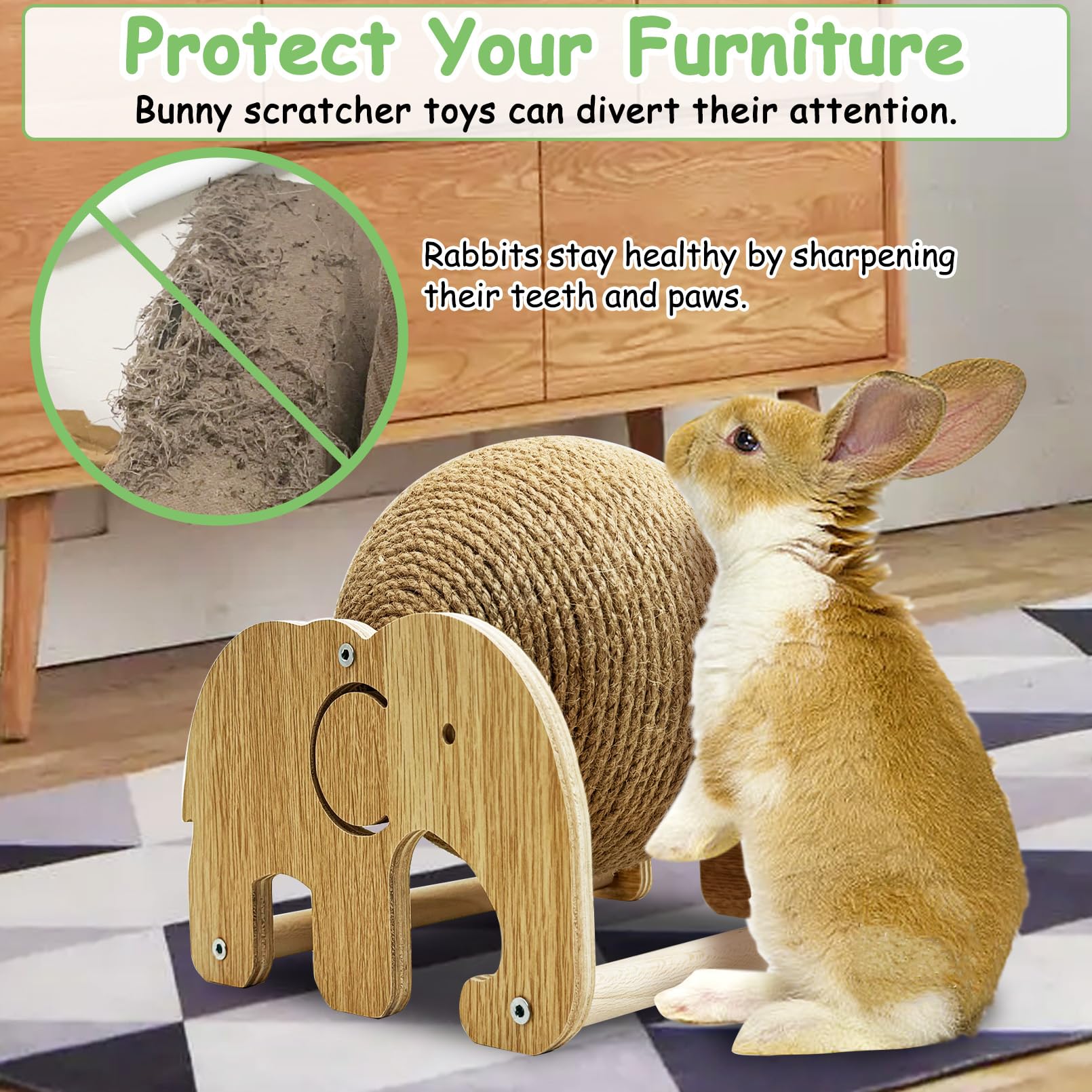 Fhiny Rabbit Scratch Toy, Natural Sisal Rabbit Scratching Ball Cute Sisal Rope Bunny Claw Scratcher Rotating Ball Interactive To