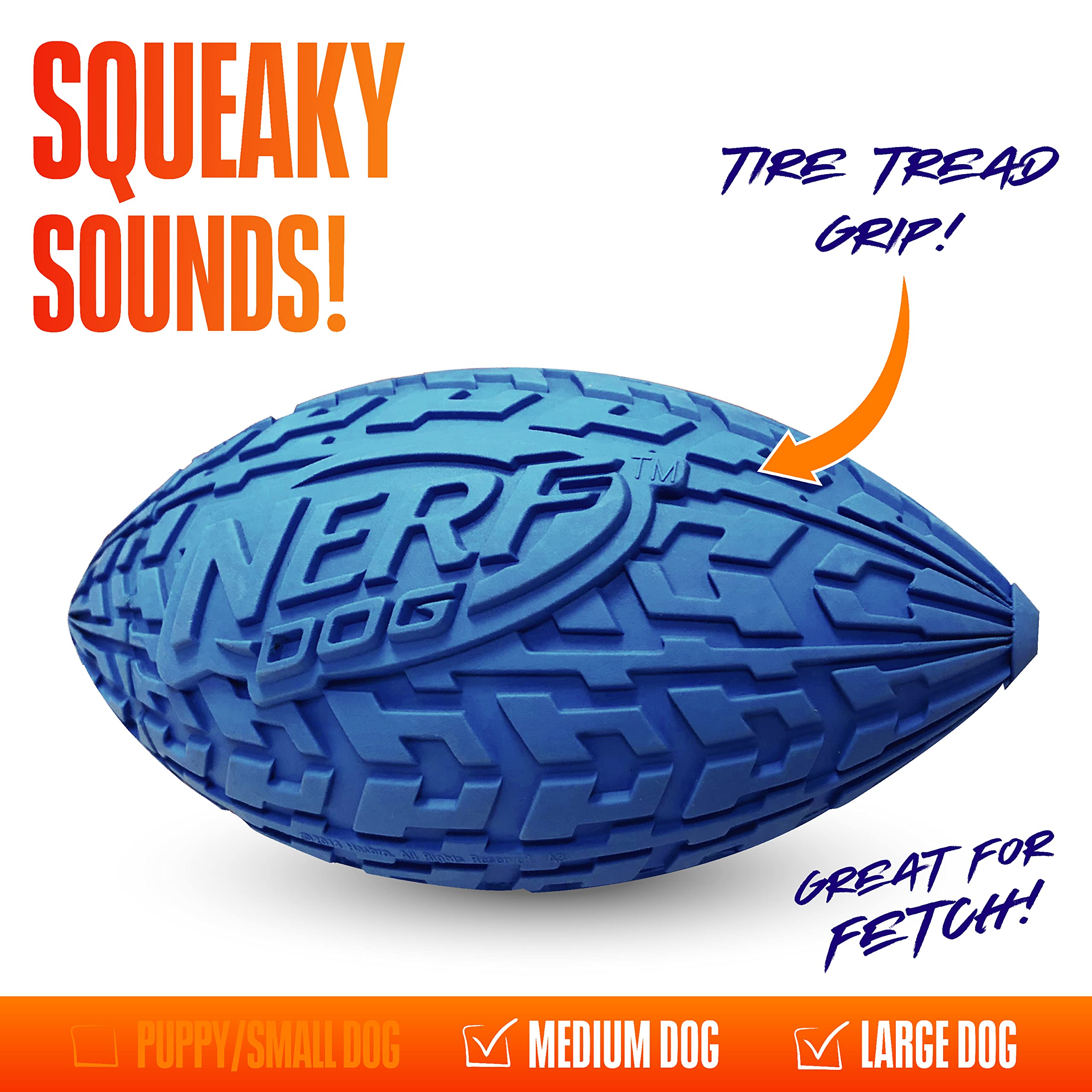 Nerf Dog Tire Football Dog Toy With Interactive Squeaker, Lightweight, Durable And Water Resistant, 6 Inch Diameter For Medium/Large Breeds, Single Unit, Blue (1571)