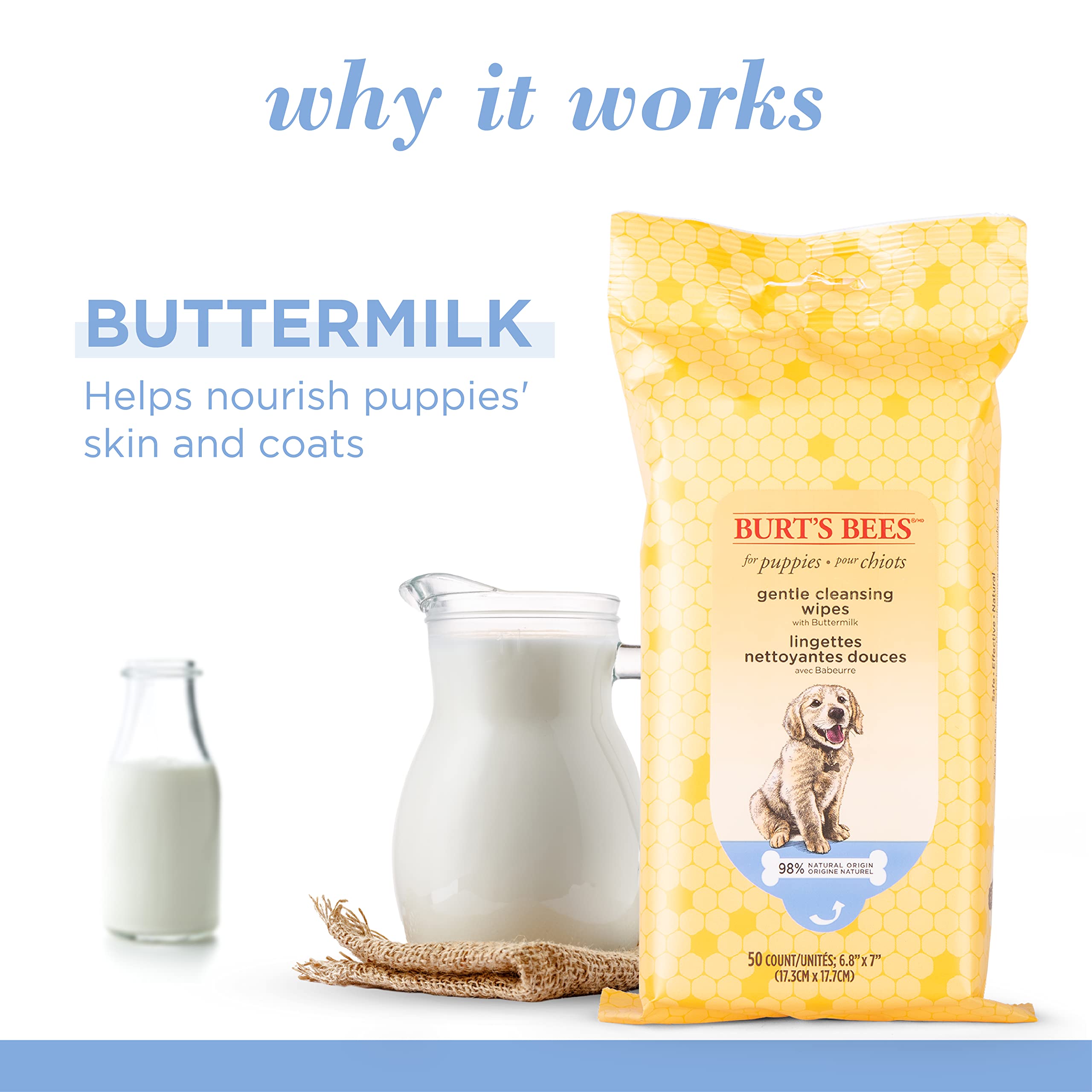 Burts Bees for Pets Gentle Cleansing Puppy Wipes with Buttermilk, 98% Natural Origin Formulas, Hypoallergenic Dog Cleaning Wipe