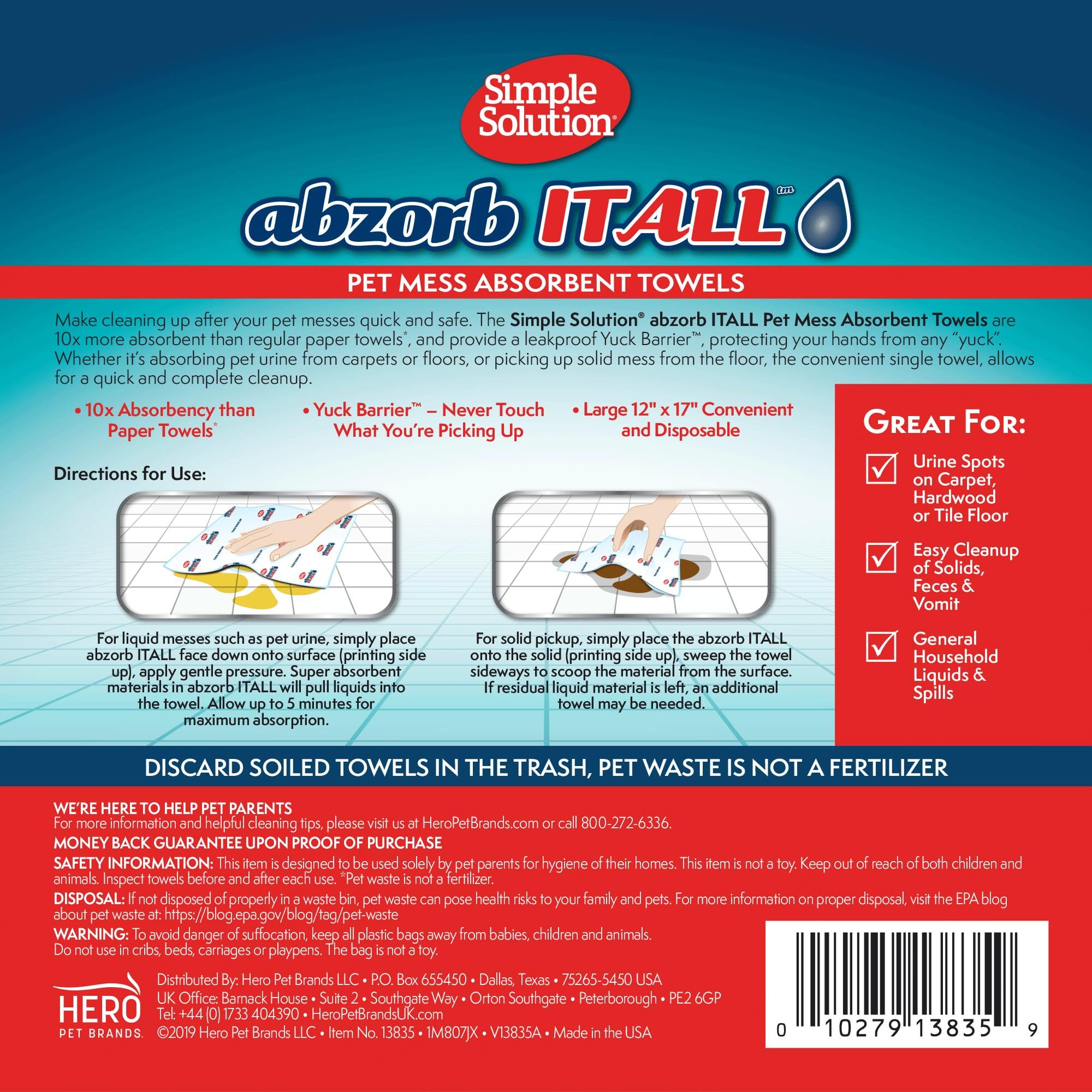 Simple Solution Abzorbitall Pet Mess Absorbent Towels - Multi-Surface Urine and Dog Poop Cleaning Sheets - 12 x 17 inches - 30 T