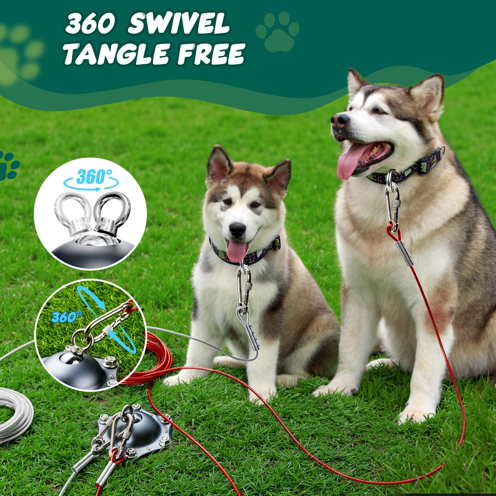 Dog Tie Out Cable And Stake Heavy Duty, 30Ft Steel Leash Dog Runner For Yard With Ground Anchor, 360 Swivel No Tangle Weather-Re