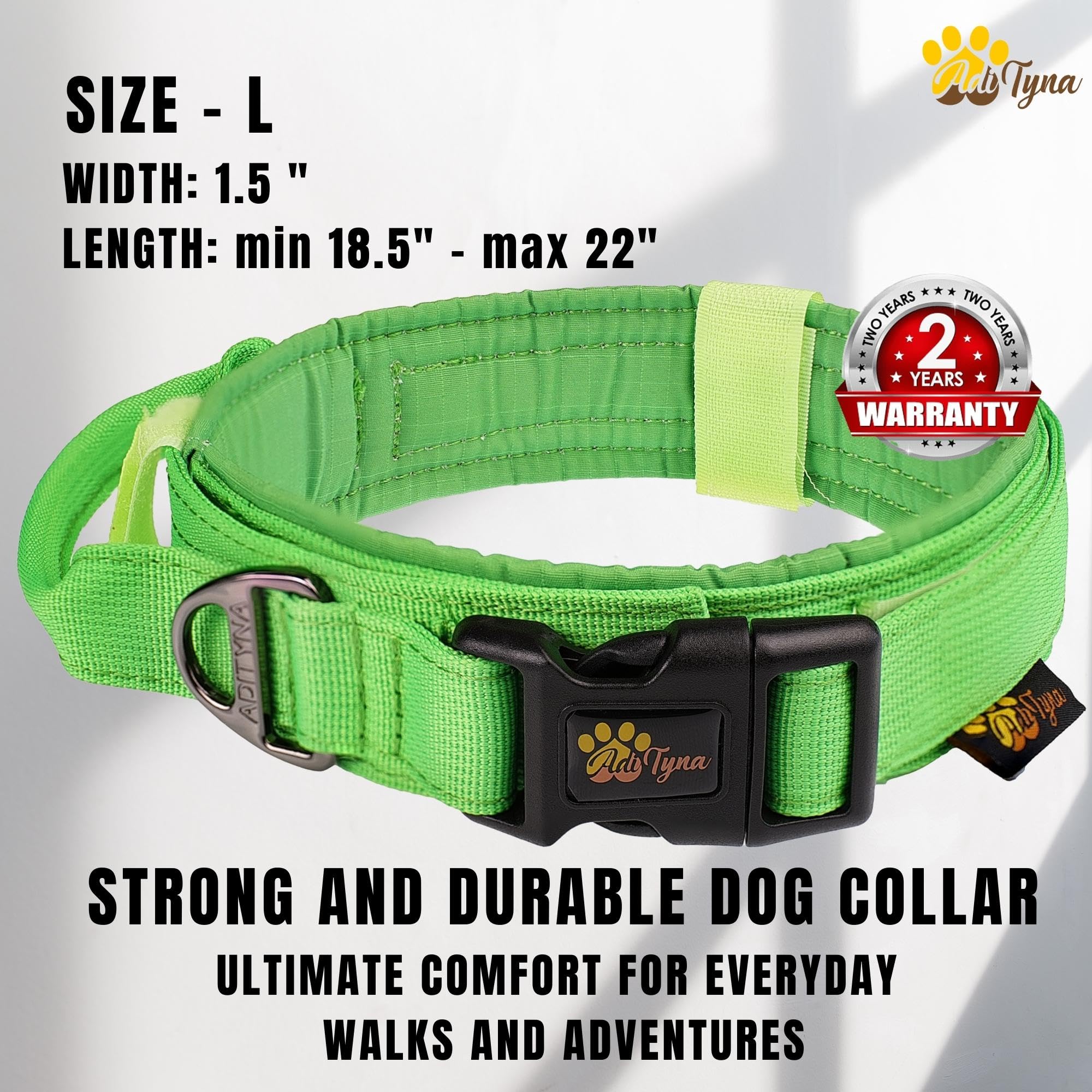 Adityna Tactical Dog Collar For Large Dogs - Soft Padded, Heavy Duty, Service, Adjustable Military K9 Green Collar With Handle F