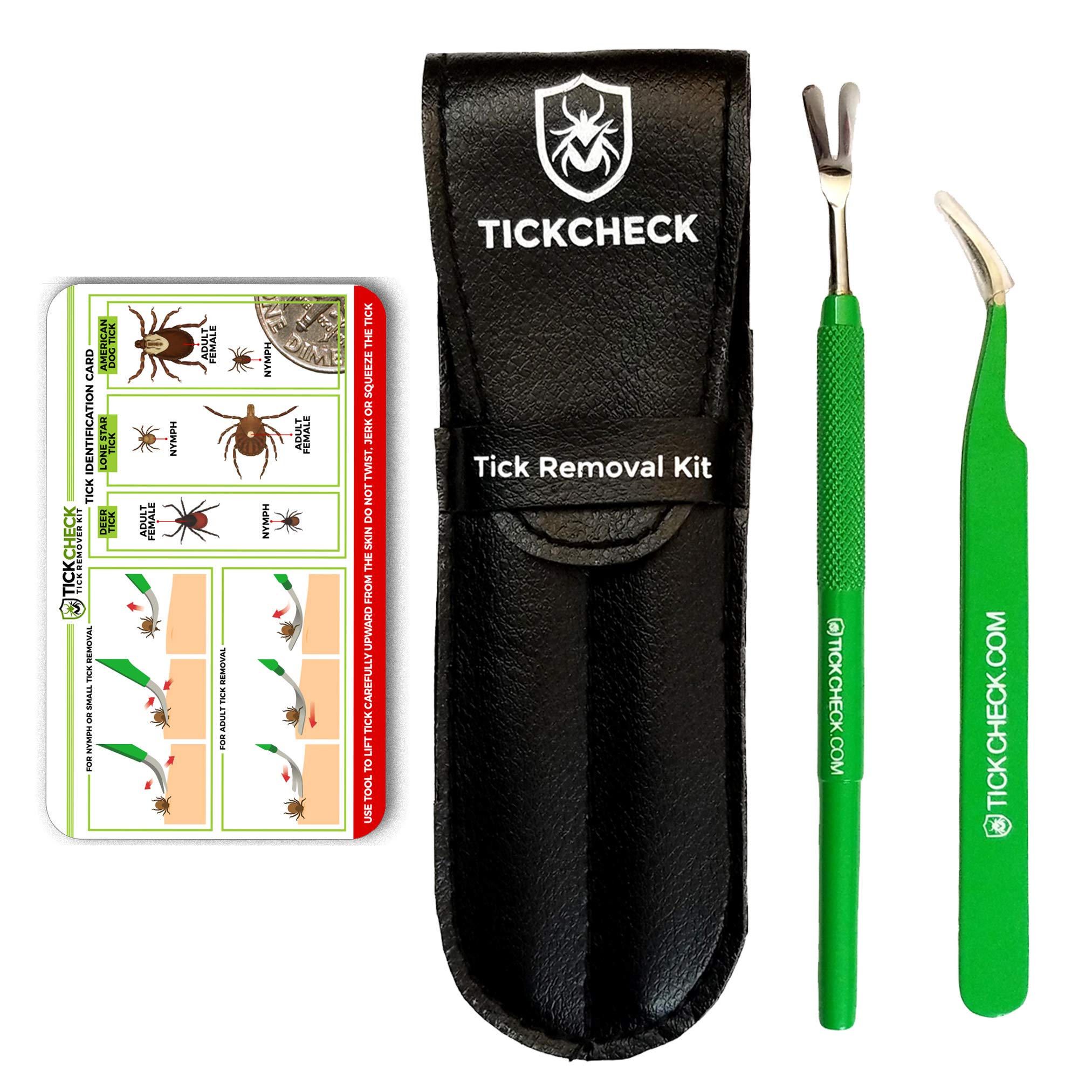 Tickcheck Premium Tick Remover Kit - Stainless Steel Tick Remover + Tweezers, Leather Case, And Free Pocket Tick Identification 