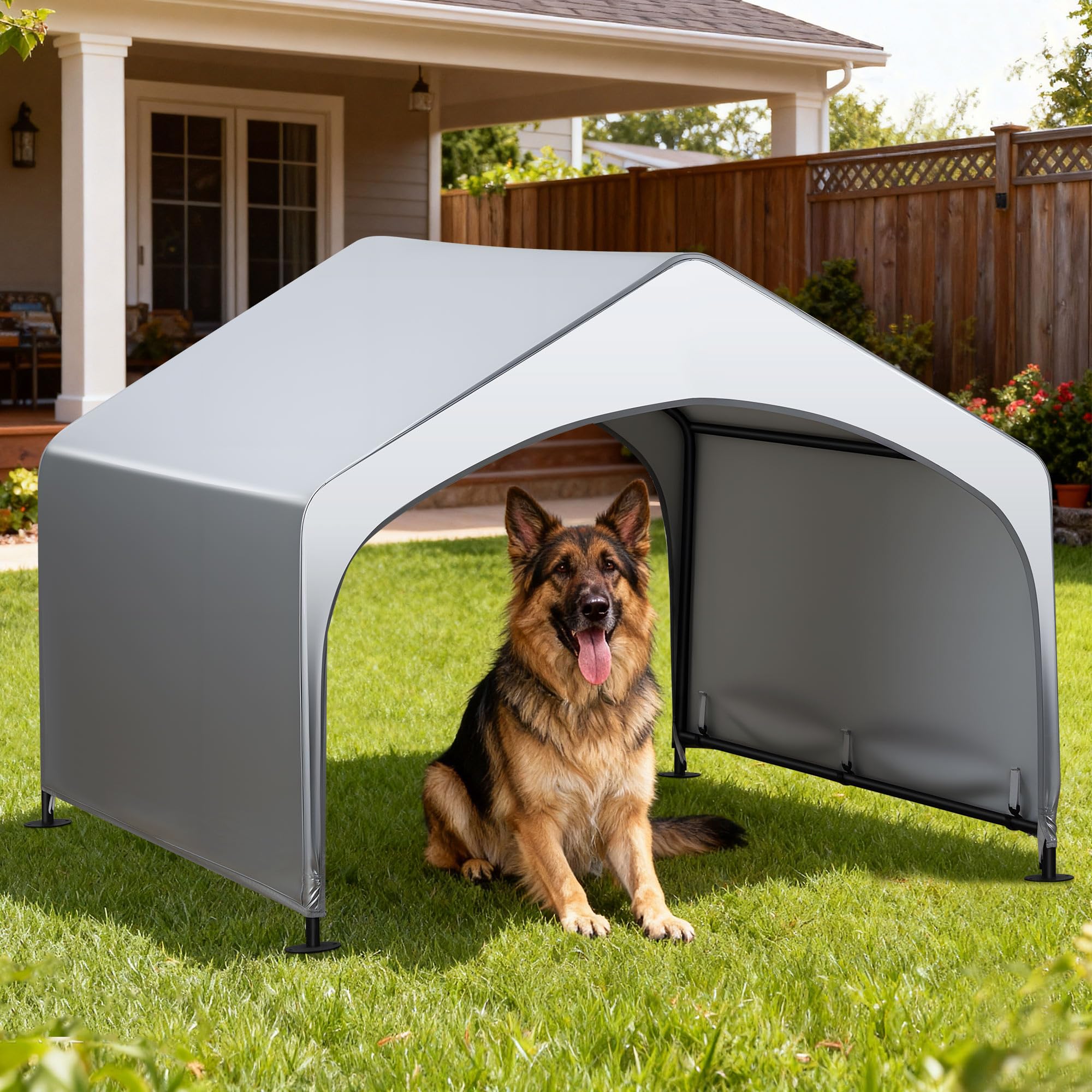 4x 4x 3.3 Dog Shade Shelter, Outdoor Dog Tent Dog House Canopy with Rain Curtain Waterproof, Sun Protection with Ground Stake