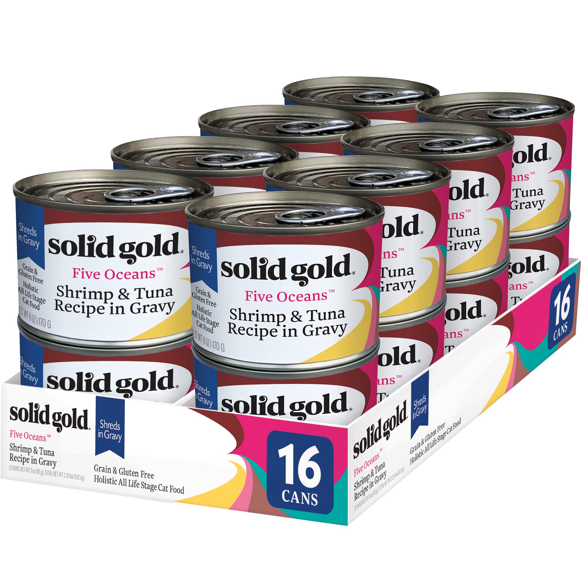 Solid Gold Wet Cat Food Shreds in Gravy - Canned Cat Food Made w/Real Tuna & Shrimp - Five Oceans Grain Free 16ct/6oz Can