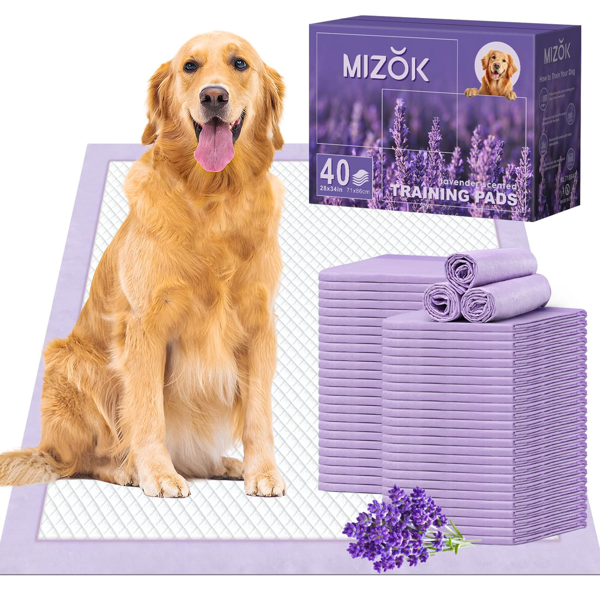 MIZOK Puppy Pads 28x34 Lavender Scented, Dog Pee Pads Extra Large Odor Control Dog Pads Ultra Absorbent Up to 8 Cups, Wee Wee Pa