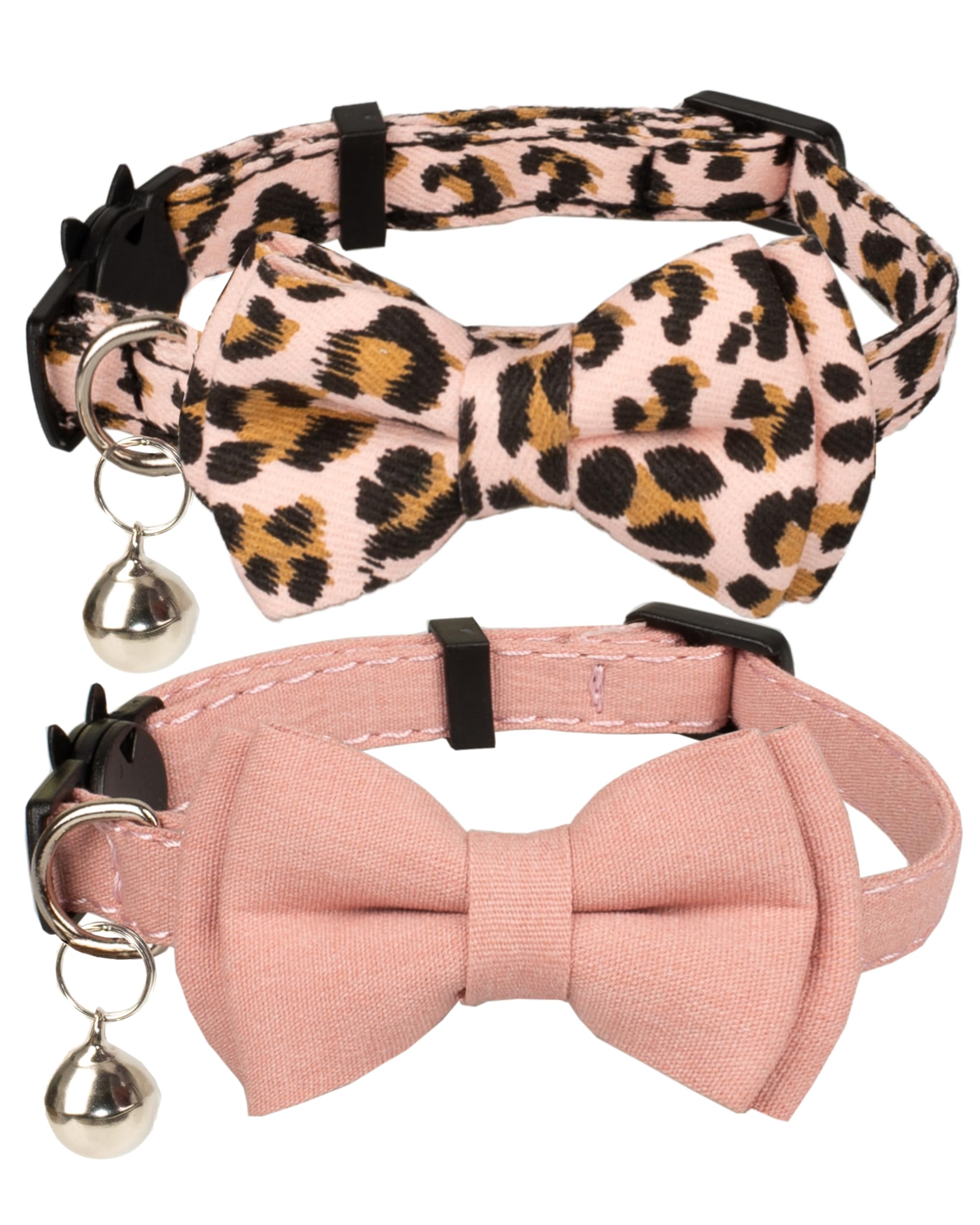 Gyapet Collar For Cats Pets Breakaway With Bell Bowtie Floral Bow Detachable Adjustable Safety Puppy 2Pcs Pink Leopard & Pure
