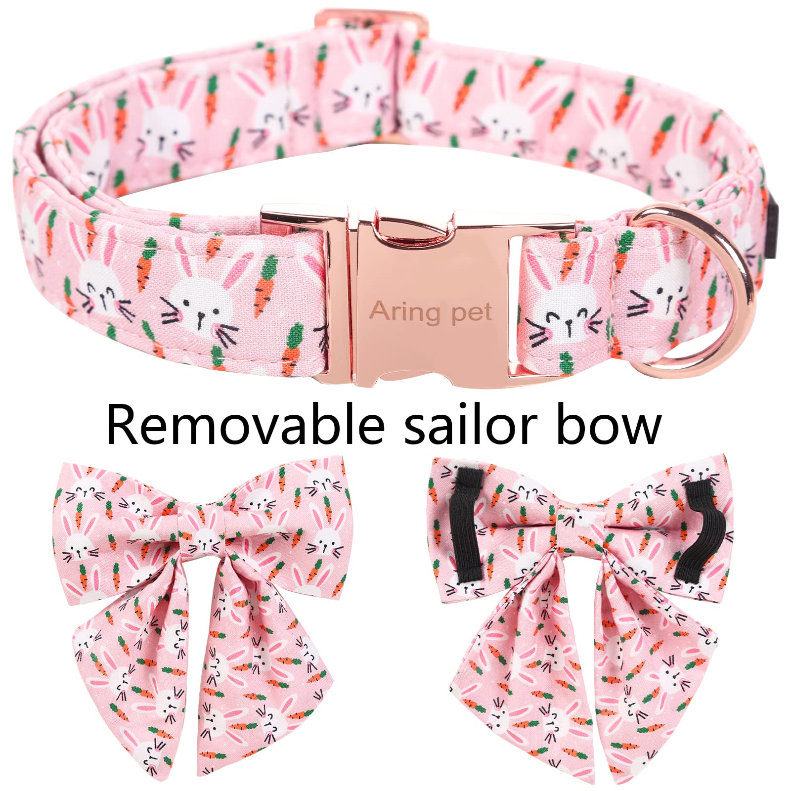 ARING PET Easter Dog Collar-Cute Rabbit Dog Collar with Sailor Bowtie, Cotton Adjustable Carrots Dog Collars with Metal Buckle