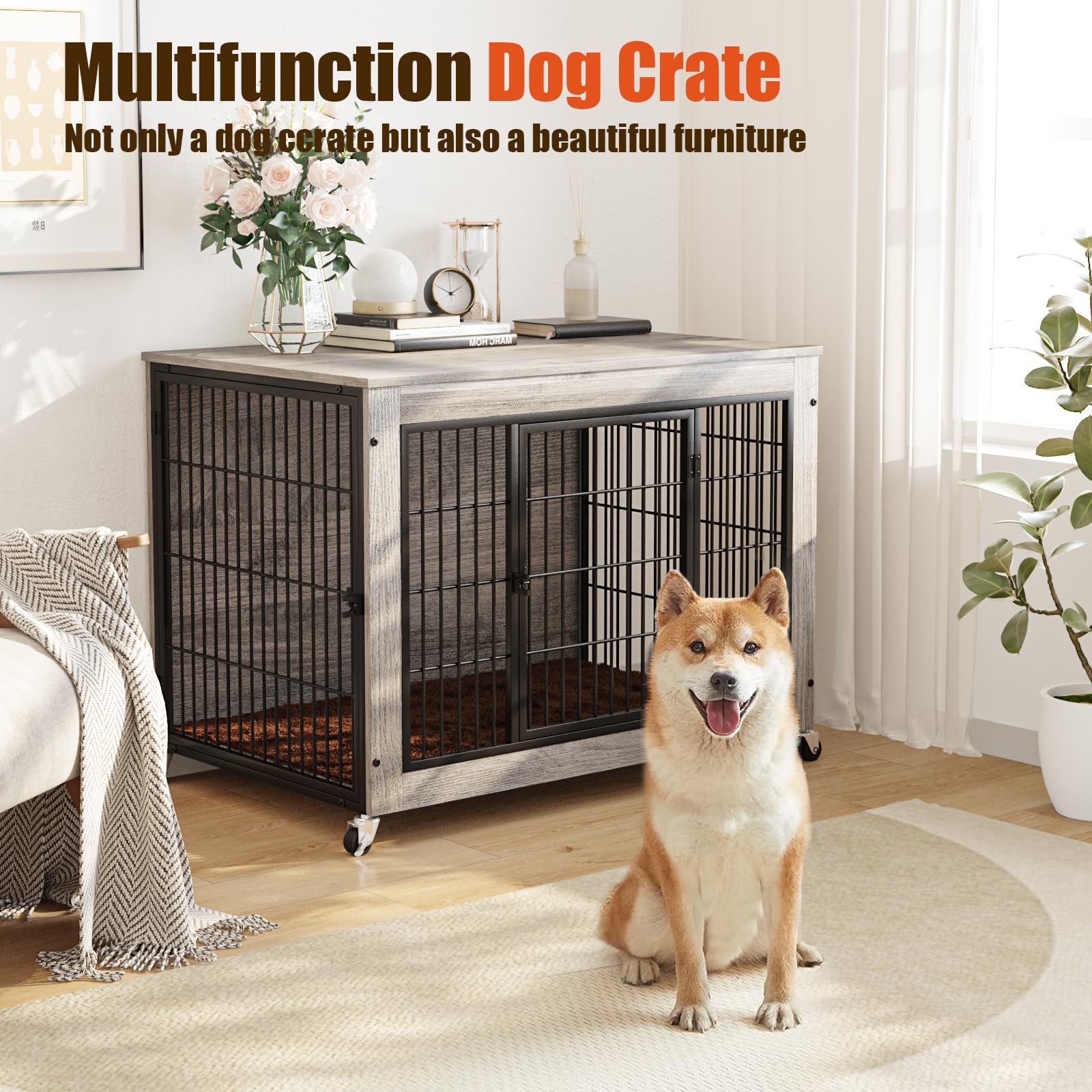 LEMBERI 32 Inch Dog Crate Furniture with Cushion, Double Doors Wooden Dog Kennel Cage Indoor with Wheels, Pet House Decorative S
