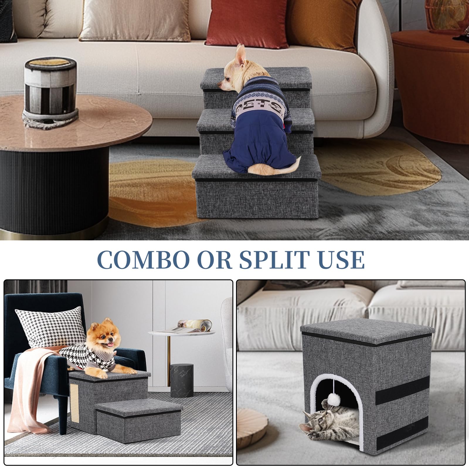 Upgrade Xl Dog Stairs For Bed And Couch, 35.5'L X 13.8'D X 17'H, Foldable Dog Steps With Wider Stairs, Large Condo, Storage S