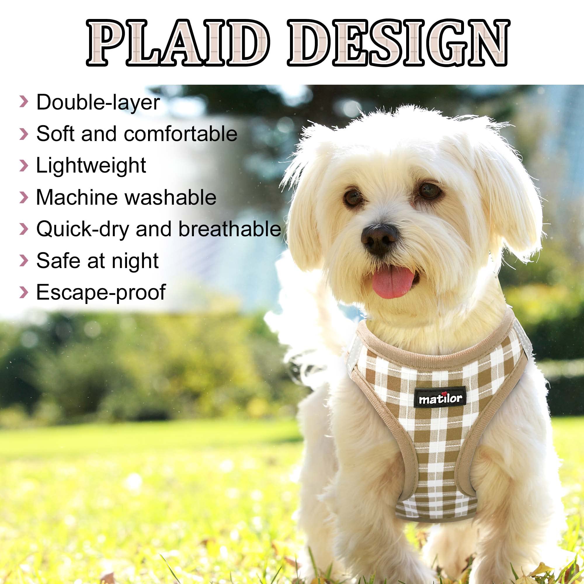 matilor Dog Harness Step-in Breathable Puppy Cat Dog Vest Harnesses for Small Medium Dogs Beige Checkered