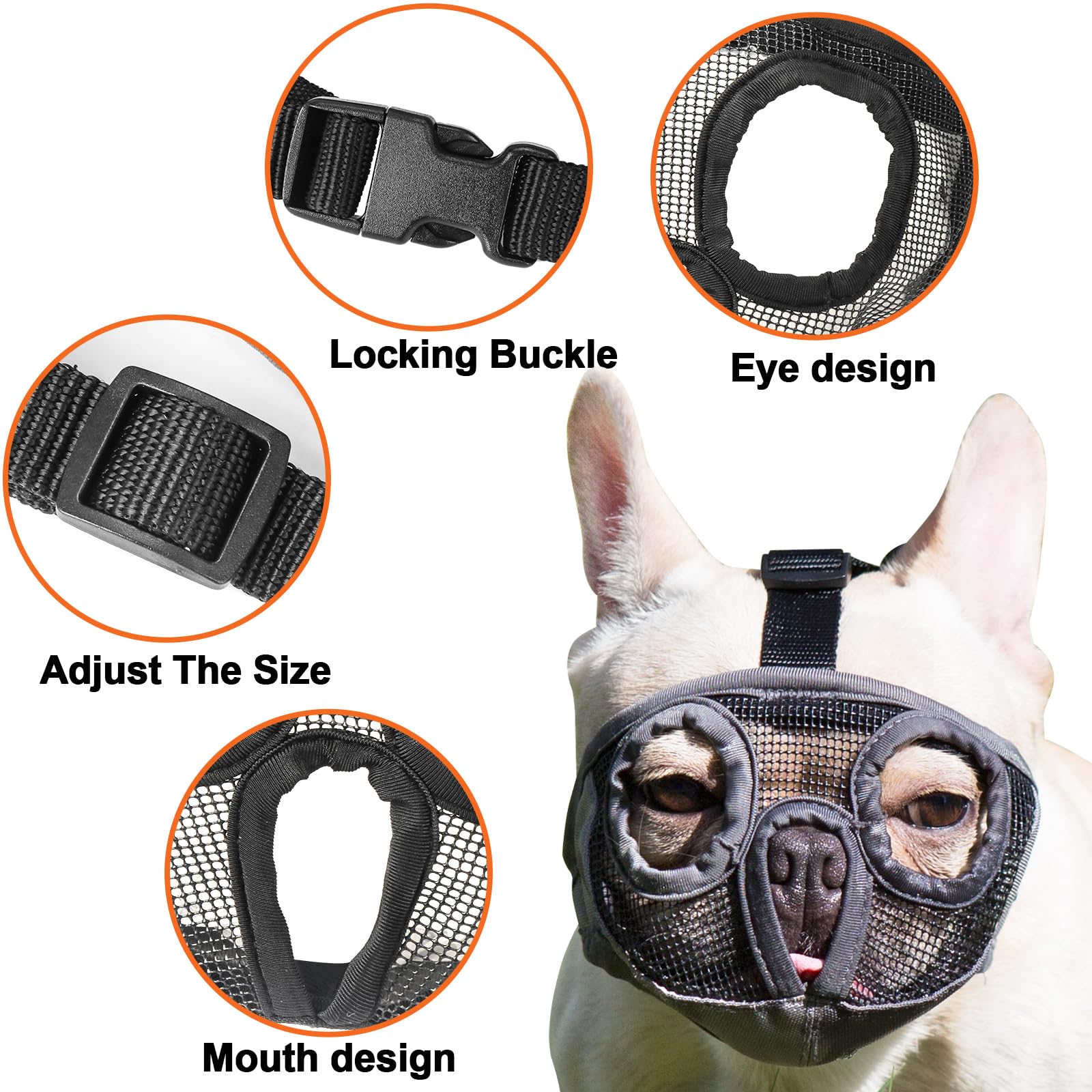Short Snout Dog Muzzles- Bulldog Muzzle Breathable Mesh Dog Mask For Biting Chewing Training Licking Grooming (Black, L(Head 15.