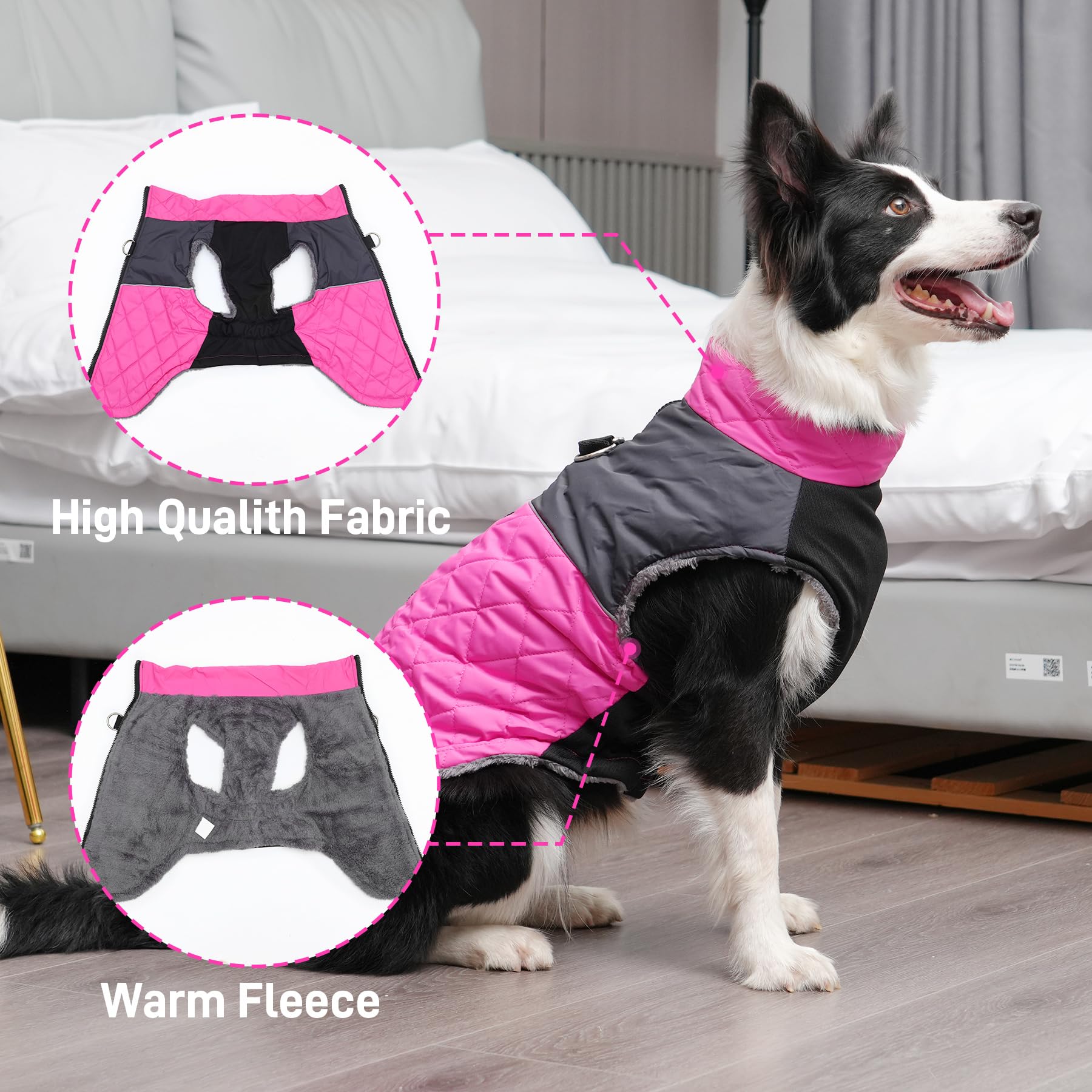 Joydaog Warm Fleece Dog Coats For Large Dogs,D-Rings Waterproof Puppy Jacket For Cold Winter,Pink Xxxl