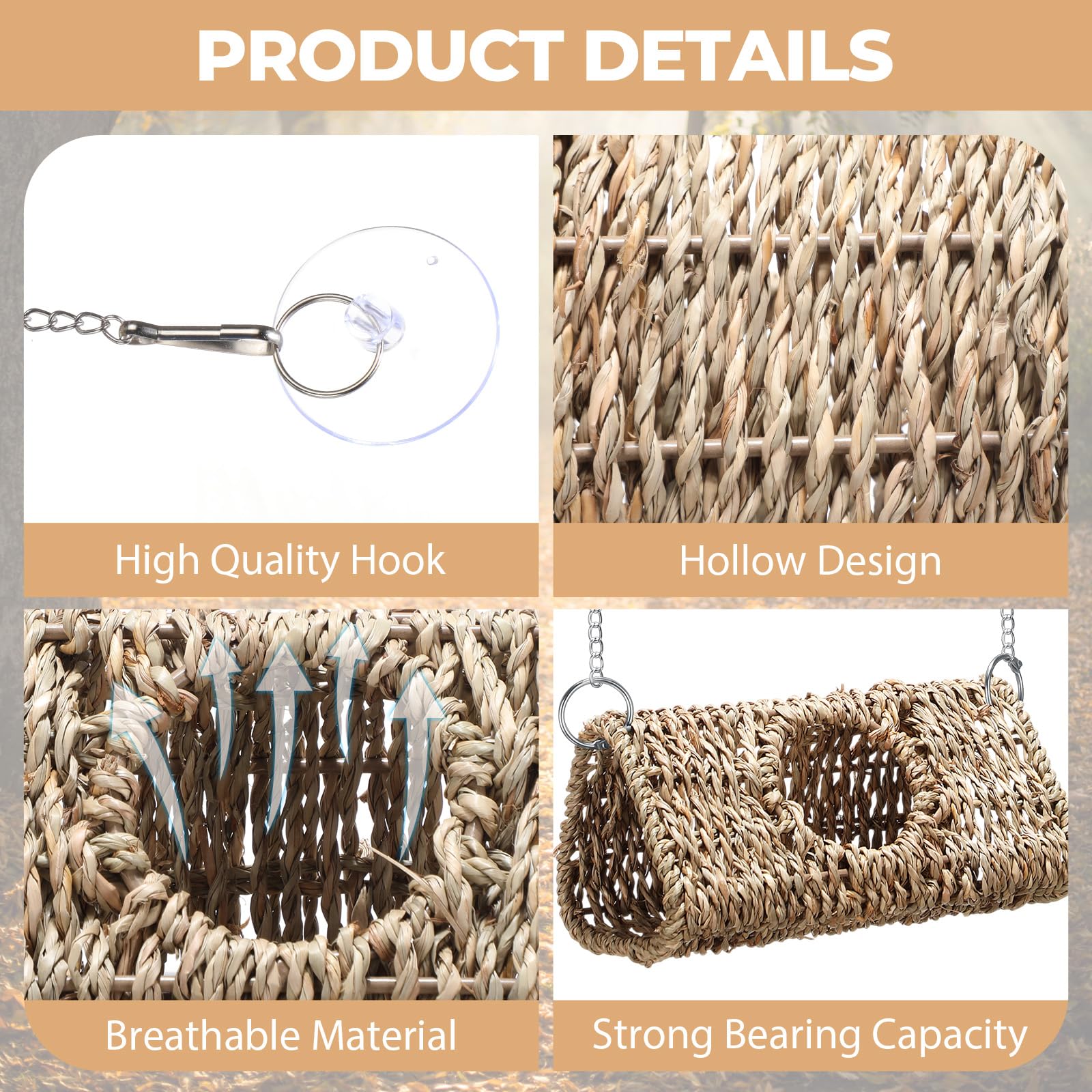 CroBlissful Reptile Hide Cave Hollow Cave Hideout with 2 Pcs Suction Cup and Chains Gecko Hide Reptile Tank Decor Seagrass Fiber