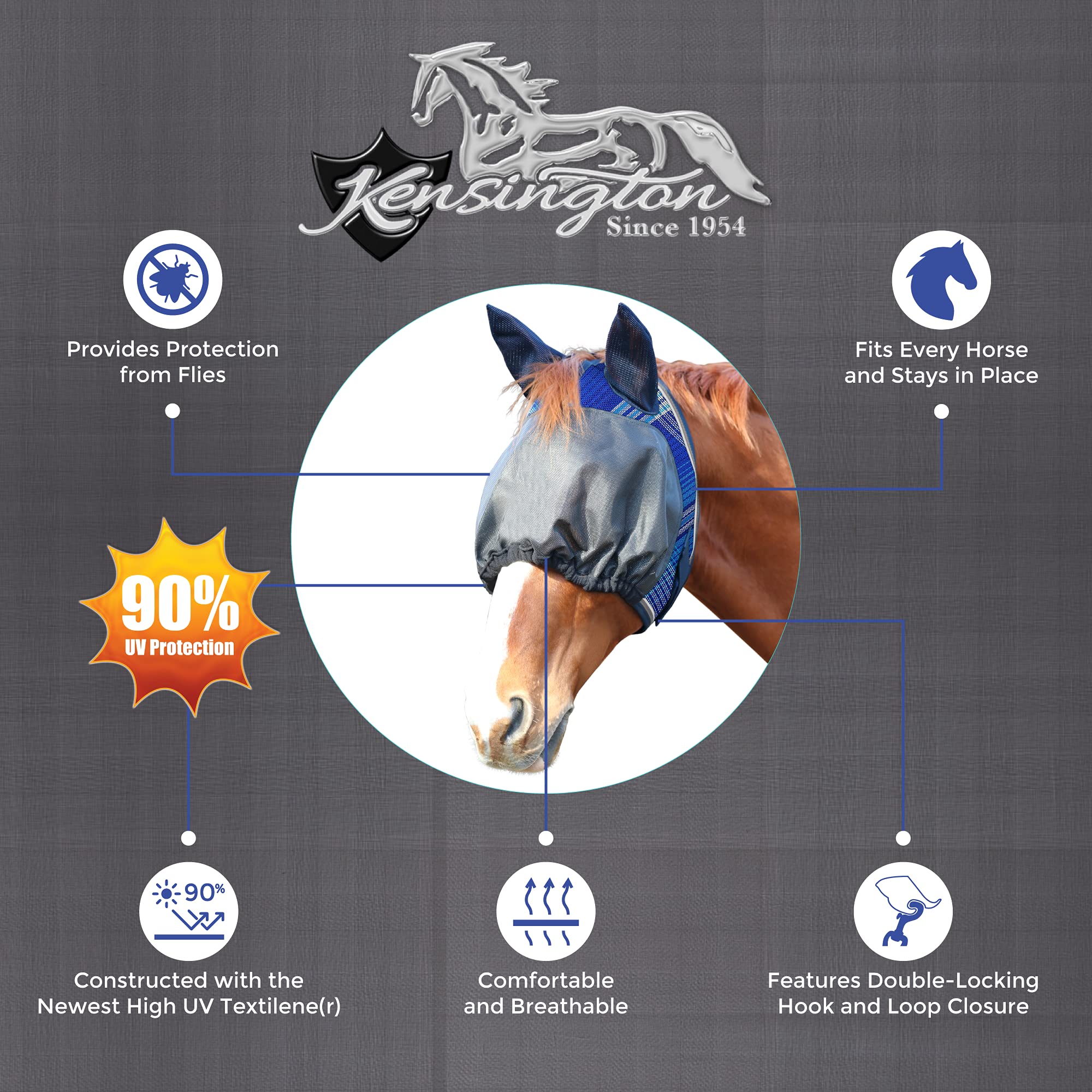 Kensington UViator Dartless Protective Fly Mask UV Eye Protection Mask for Horse with Web Trim and Soft Ears Cover - XL, Atlanti