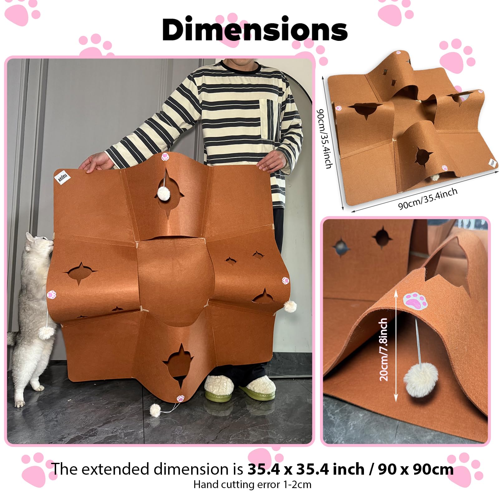 Interactive Cat Tunnel Mat For Indoor Cats, 4-Way Felt Cat Cave With Hanging Ball, Foldable Kitty Play Mat And Hideout, Pet Enri