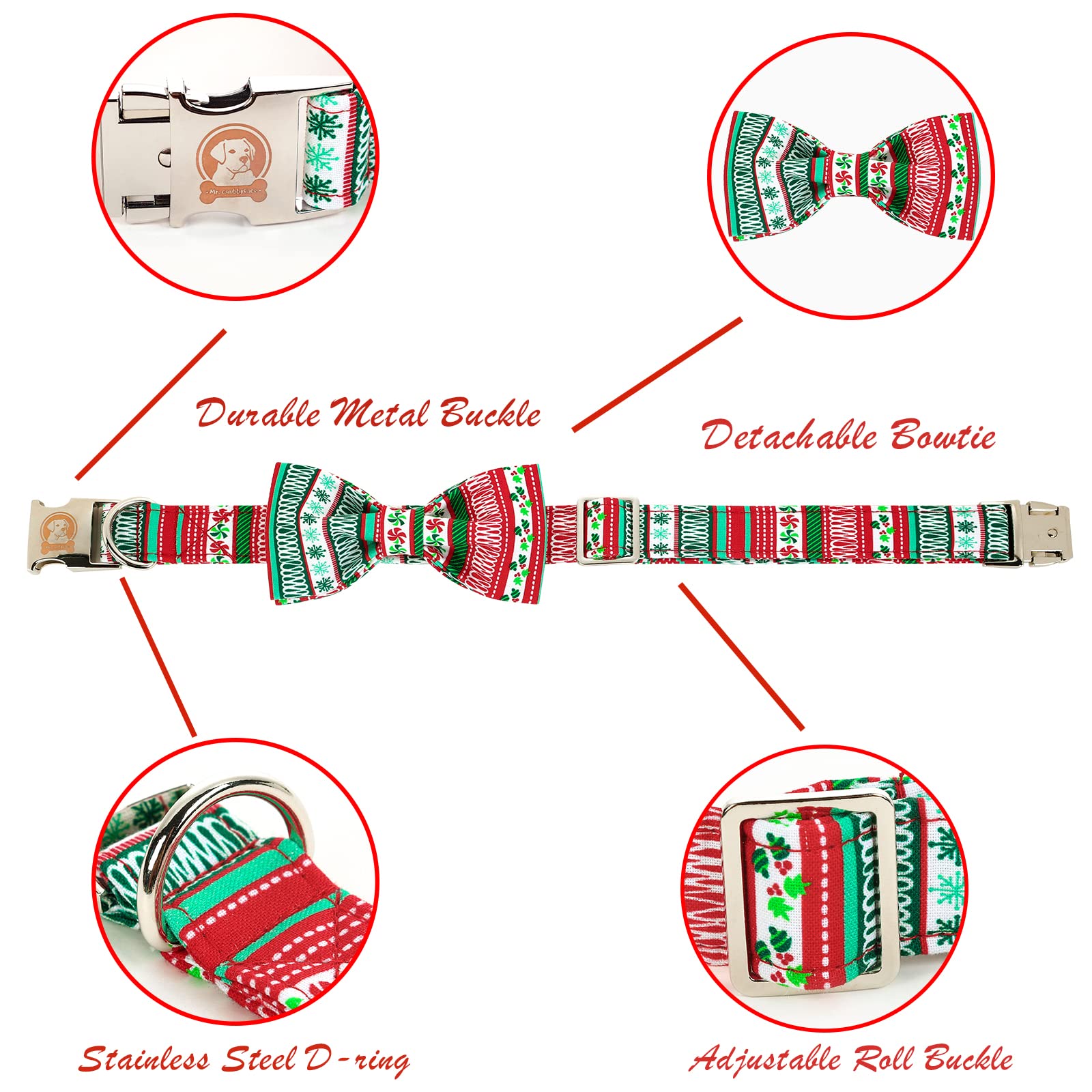 Mr. Chubbyface Christmas Plaid Dog Collar For Boy Girl Dogs Adjustable Red Green Dog Collar Bowtie For Small Medium Large Dogs